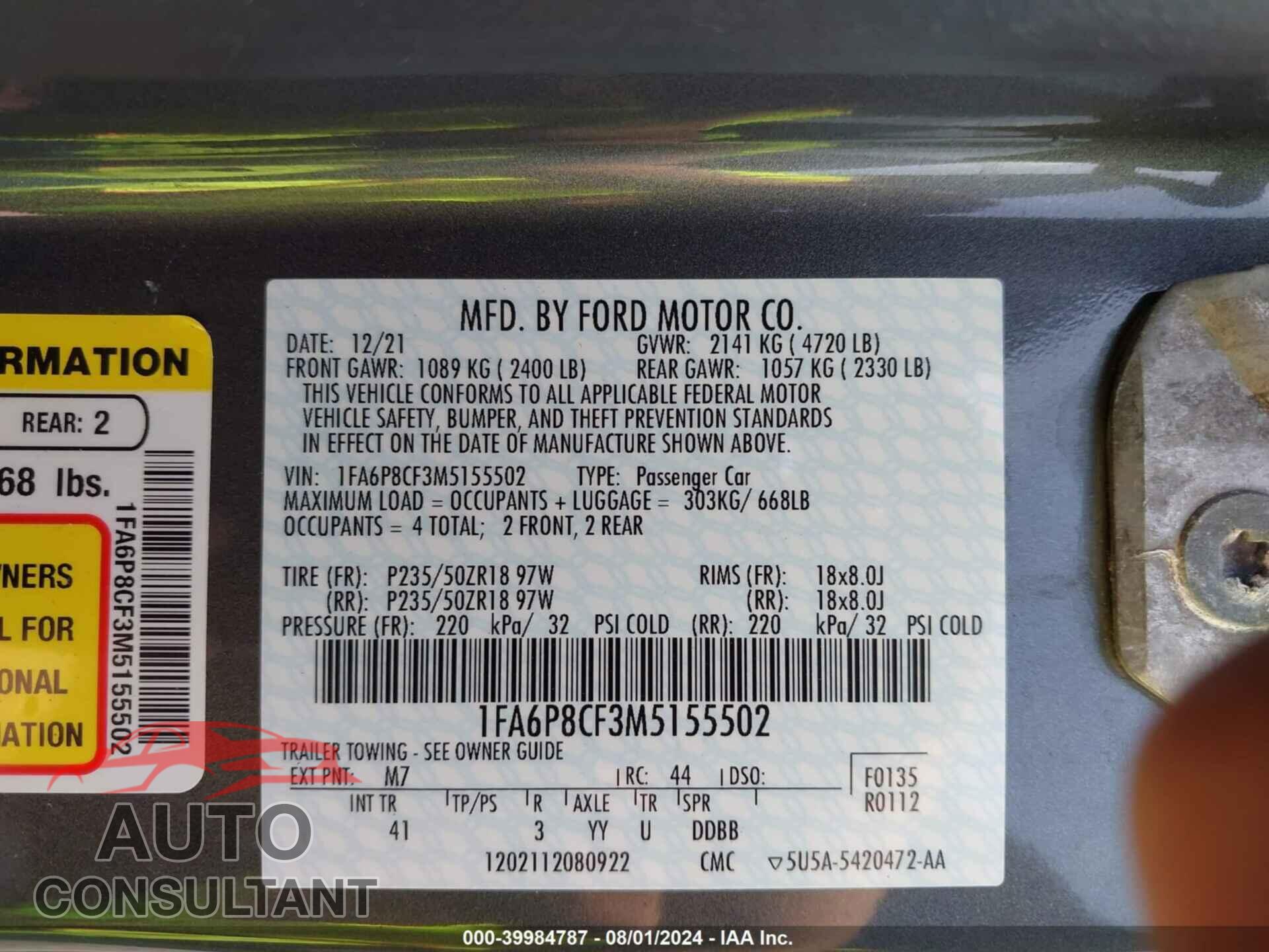 FORD MUSTANG 2021 - 1FA6P8CF3M5155502