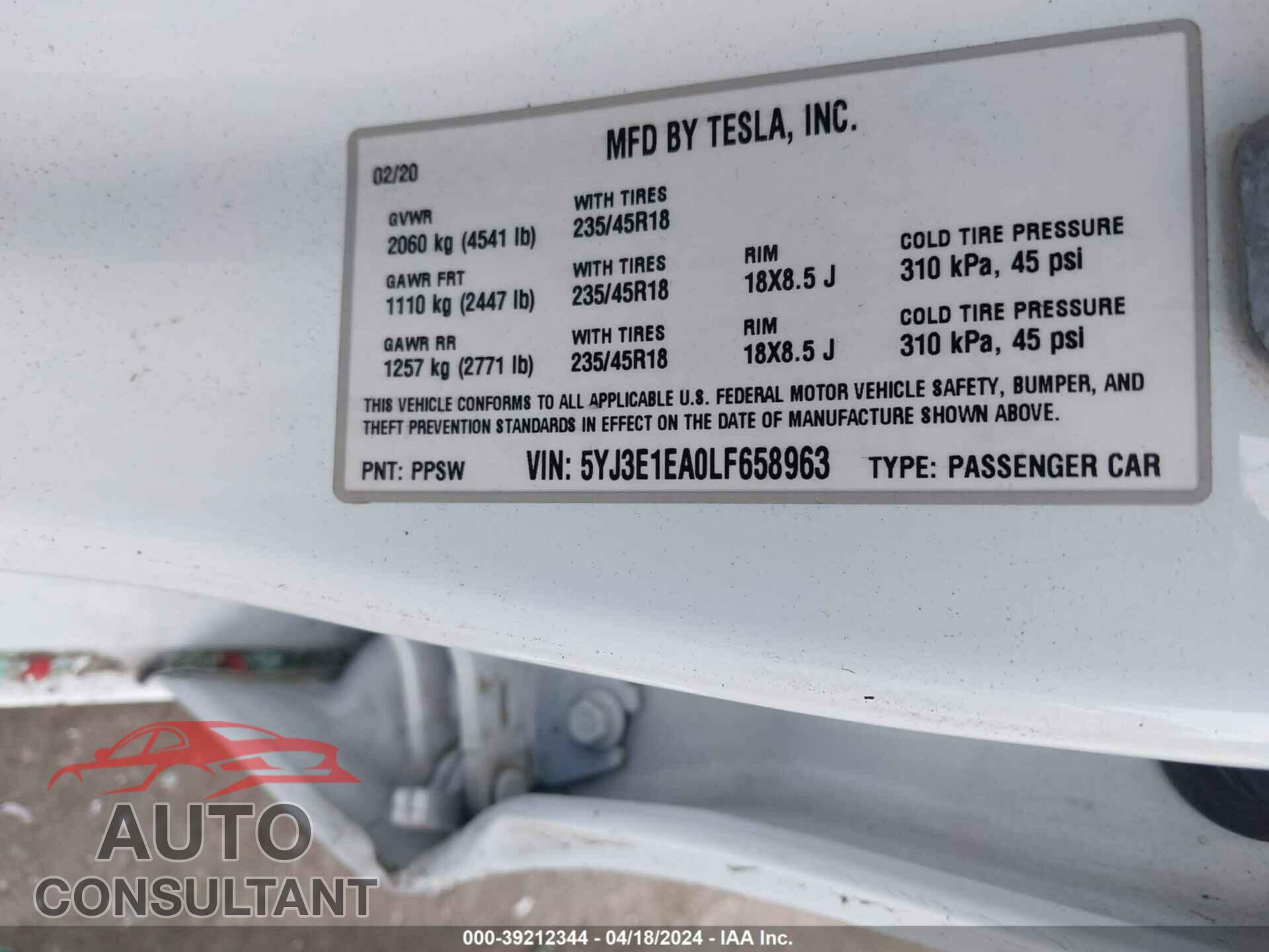 TESLA MODEL 3 2020 - 5YJ3E1EA0LF658963