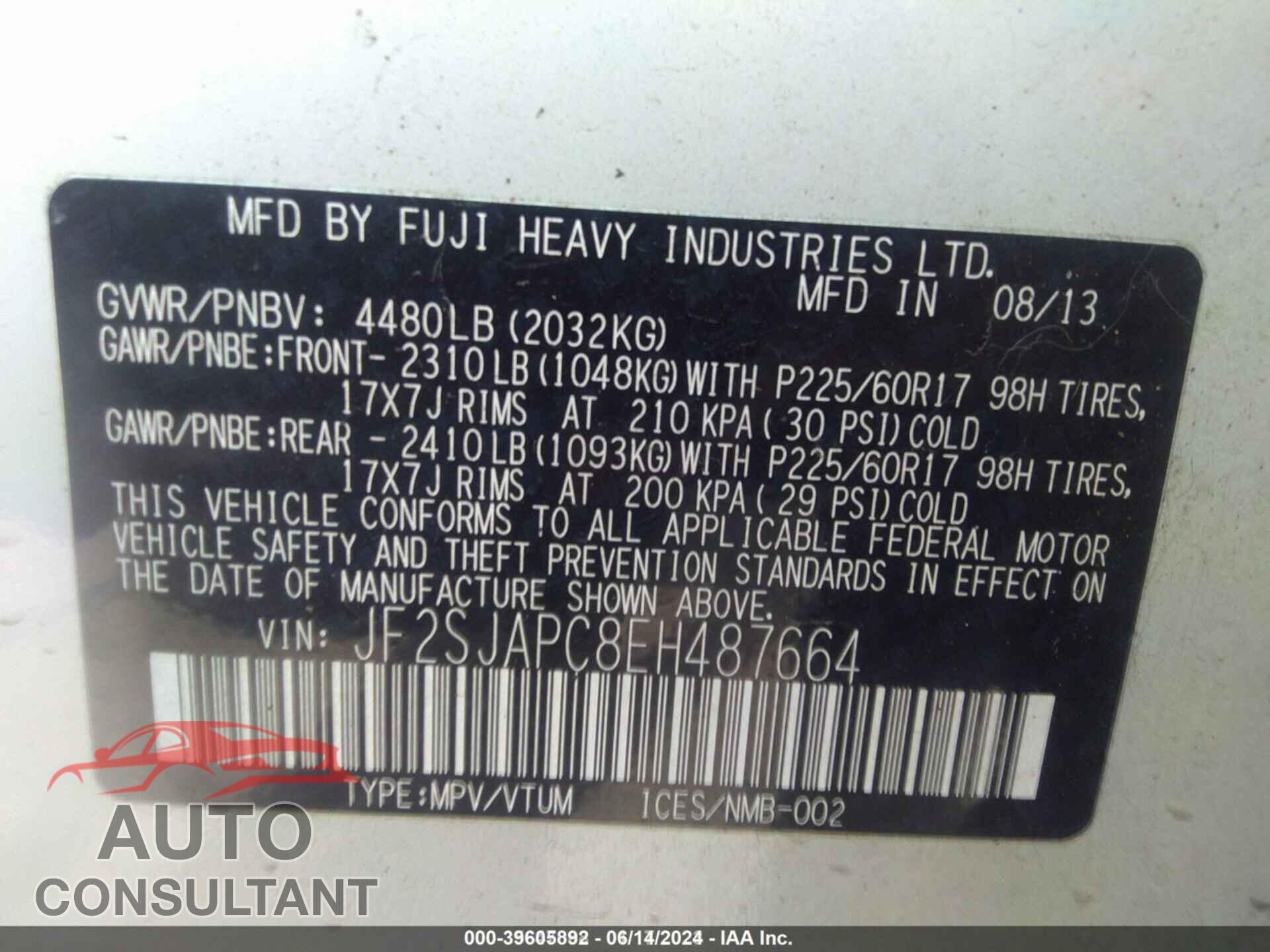 SUBARU FORESTER 2014 - JF2SJAPC8EH487664