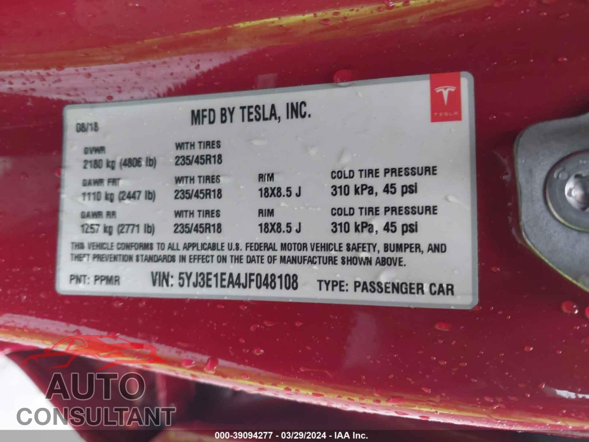 TESLA MODEL 3 2018 - 5YJ3E1EA4JF048108