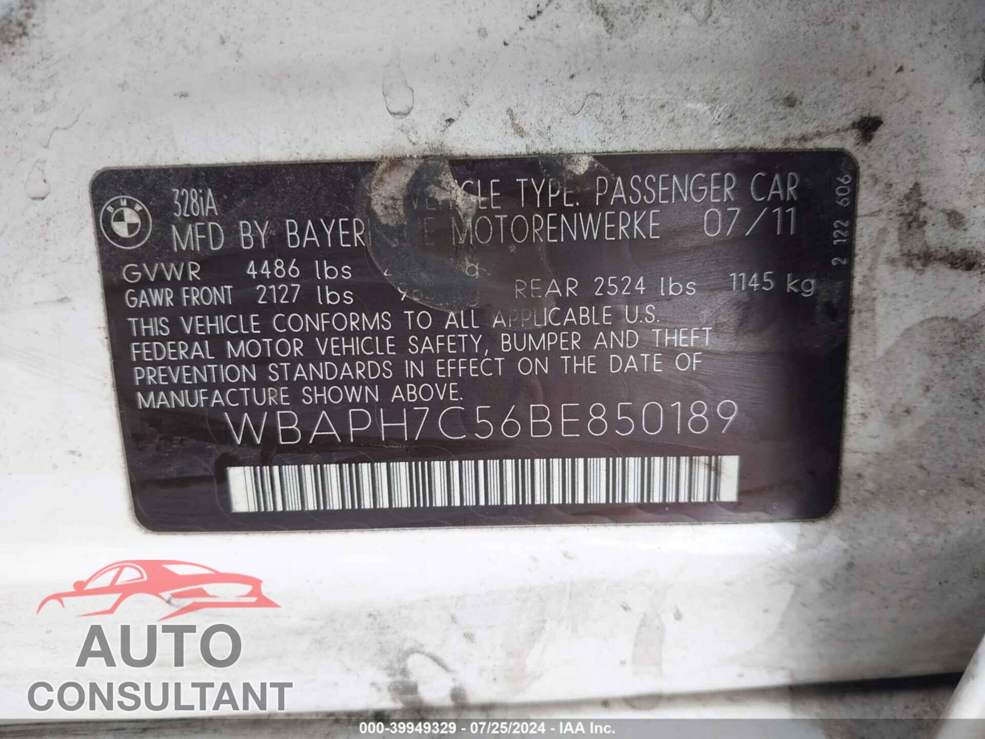 BMW 328I 2011 - WBAPH7C56BE850189