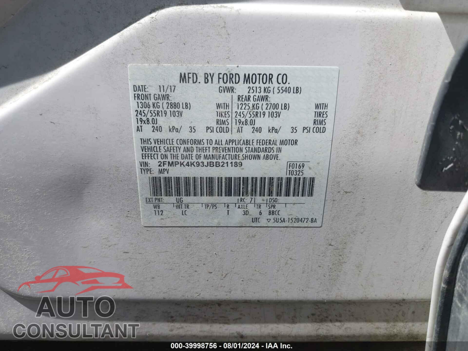 FORD EDGE 2018 - 2FMPK4K93JBB21189