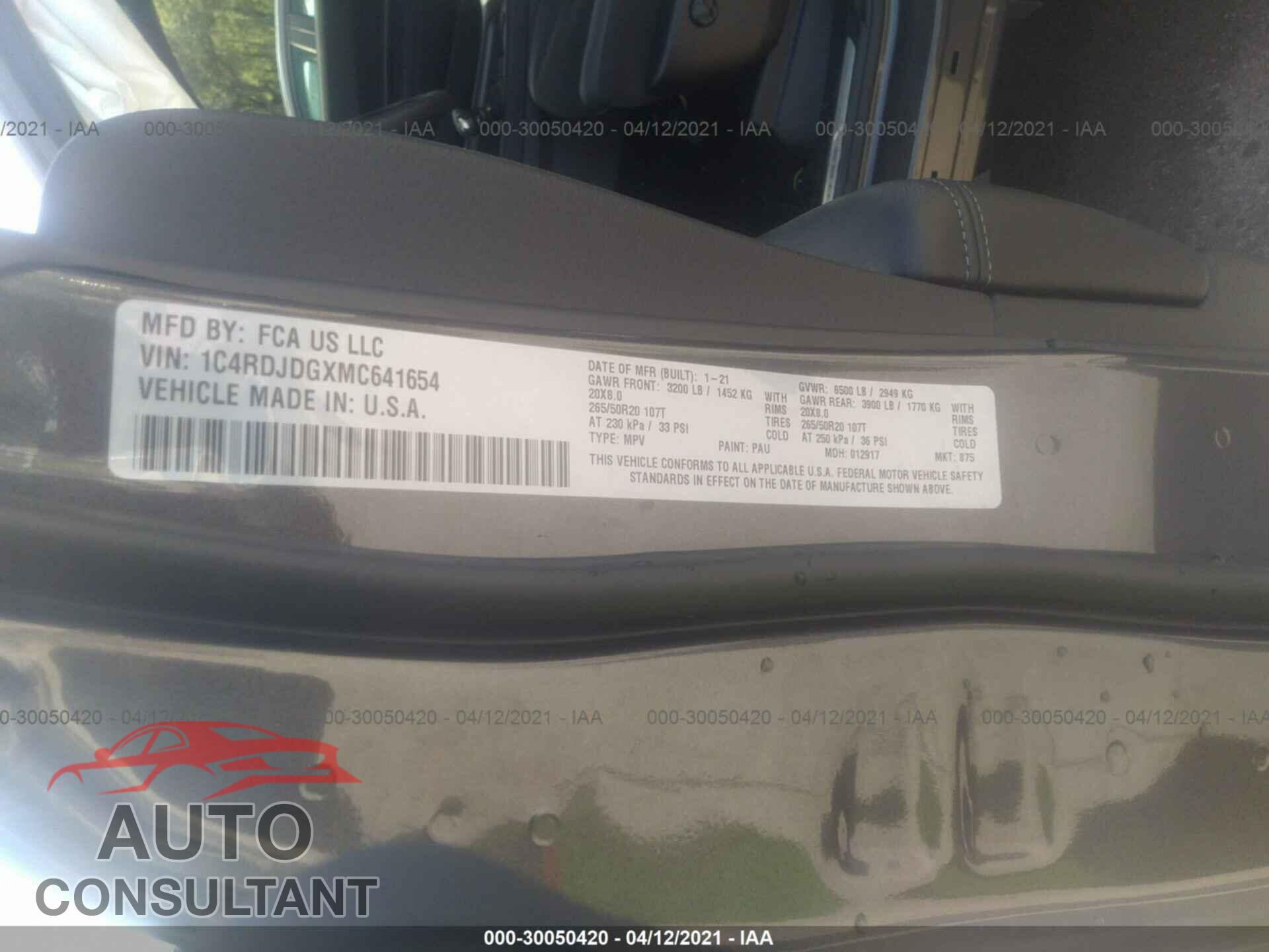 DODGE DURANGO 2021 - 1C4RDJDGXMC641654