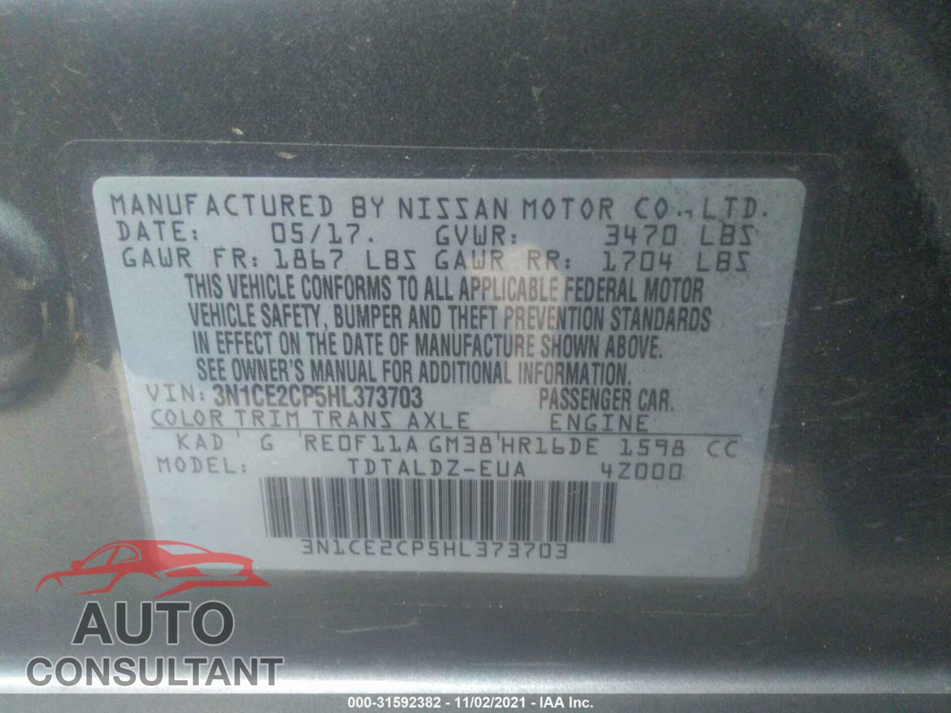 NISSAN VERSA NOTE 2017 - 3N1CE2CP5HL373703