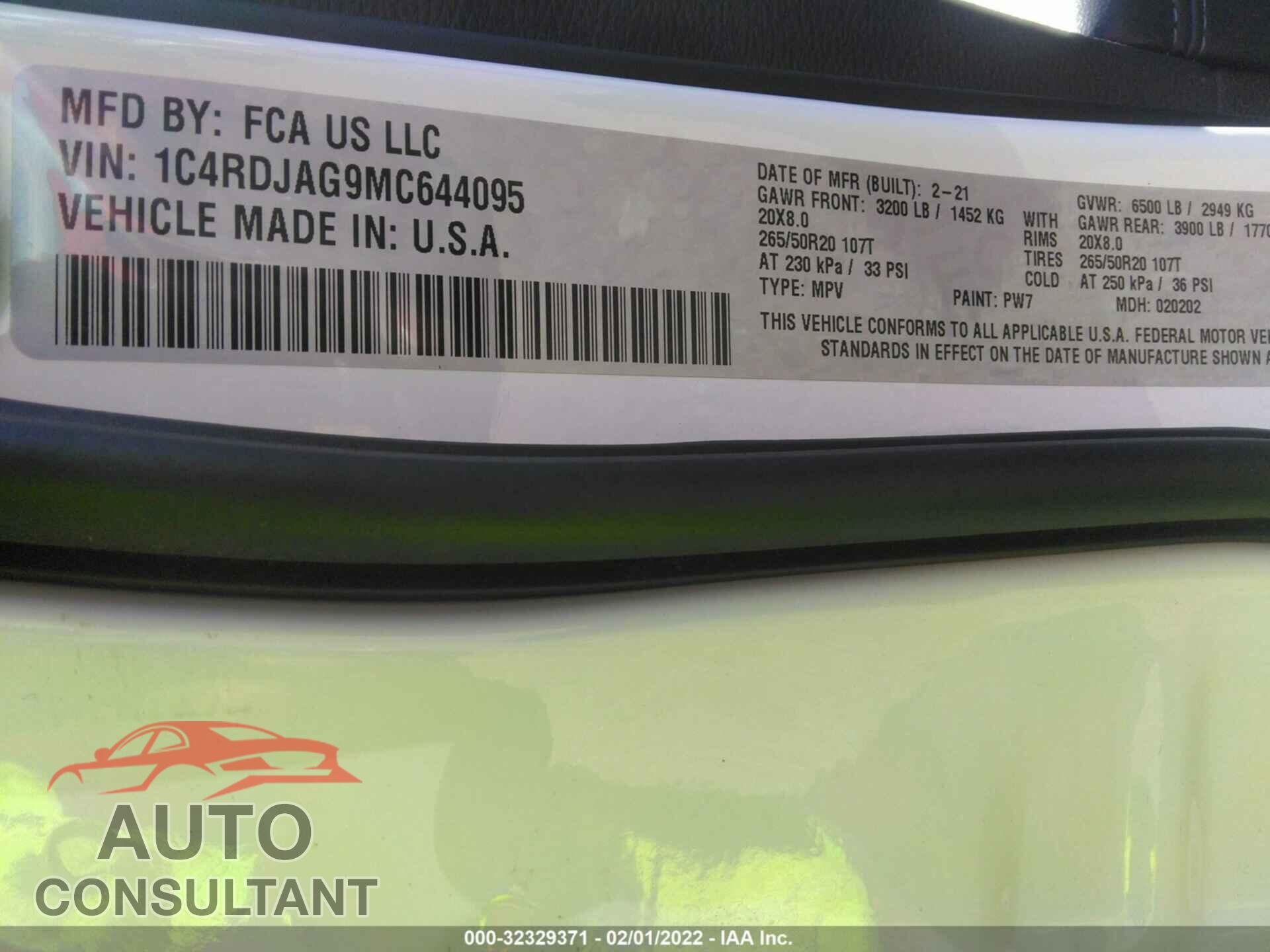 DODGE DURANGO 2021 - 1C4RDJAG9MC644095