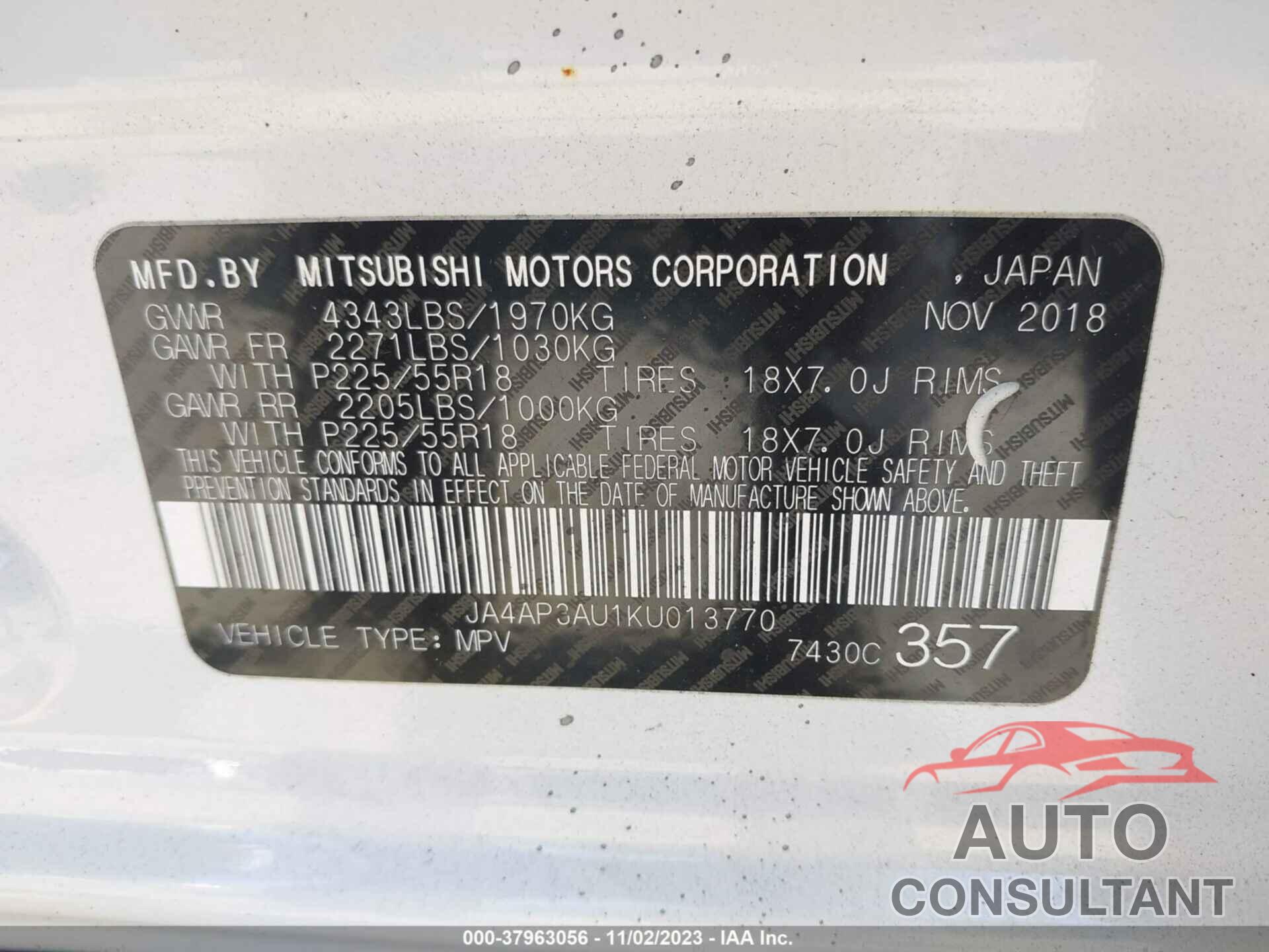 MITSUBISHI OUTLANDER SPORT 2019 - JA4AP3AU1KU013770