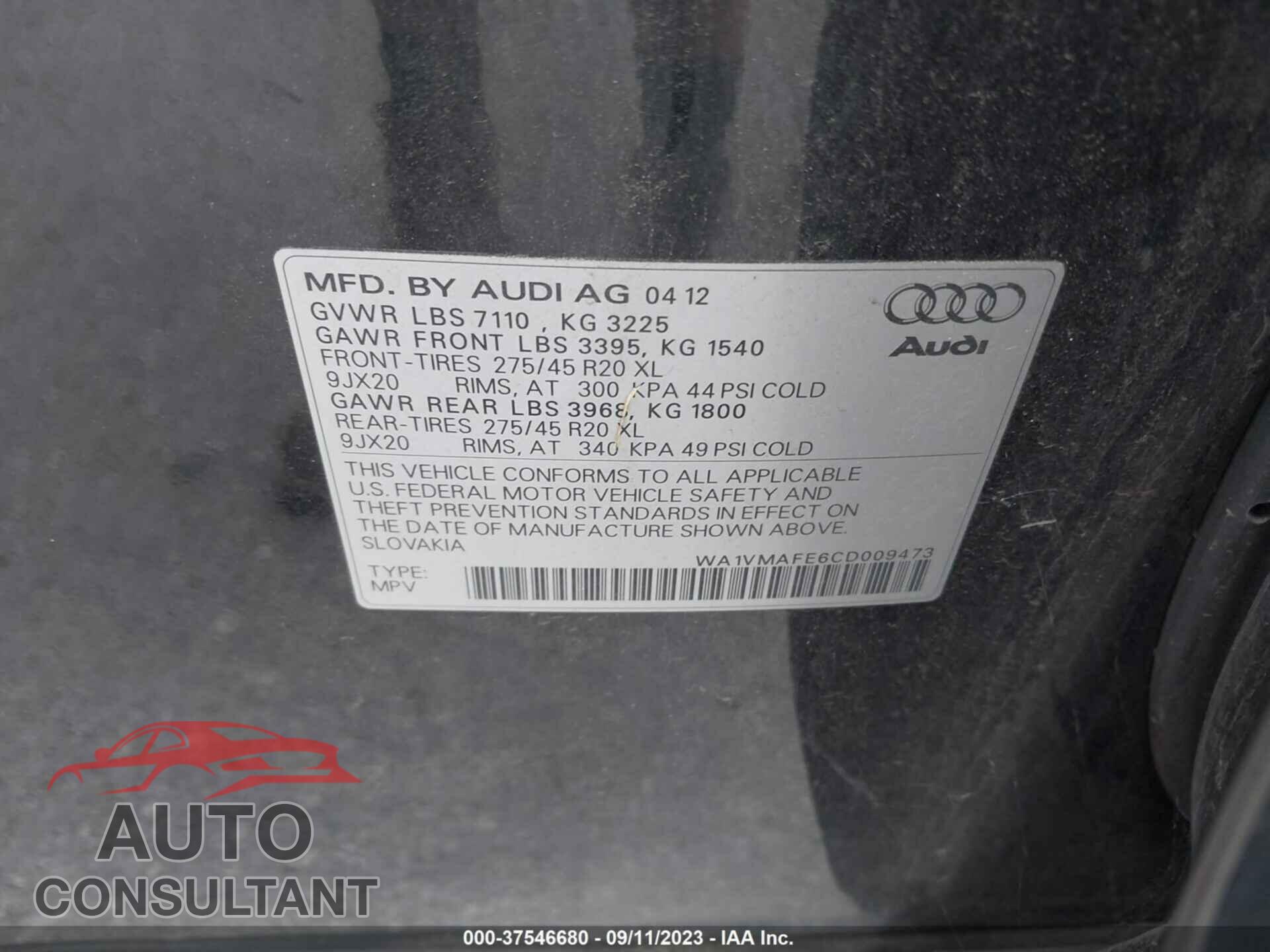AUDI Q7 2012 - WA1VMAFE6CD009473