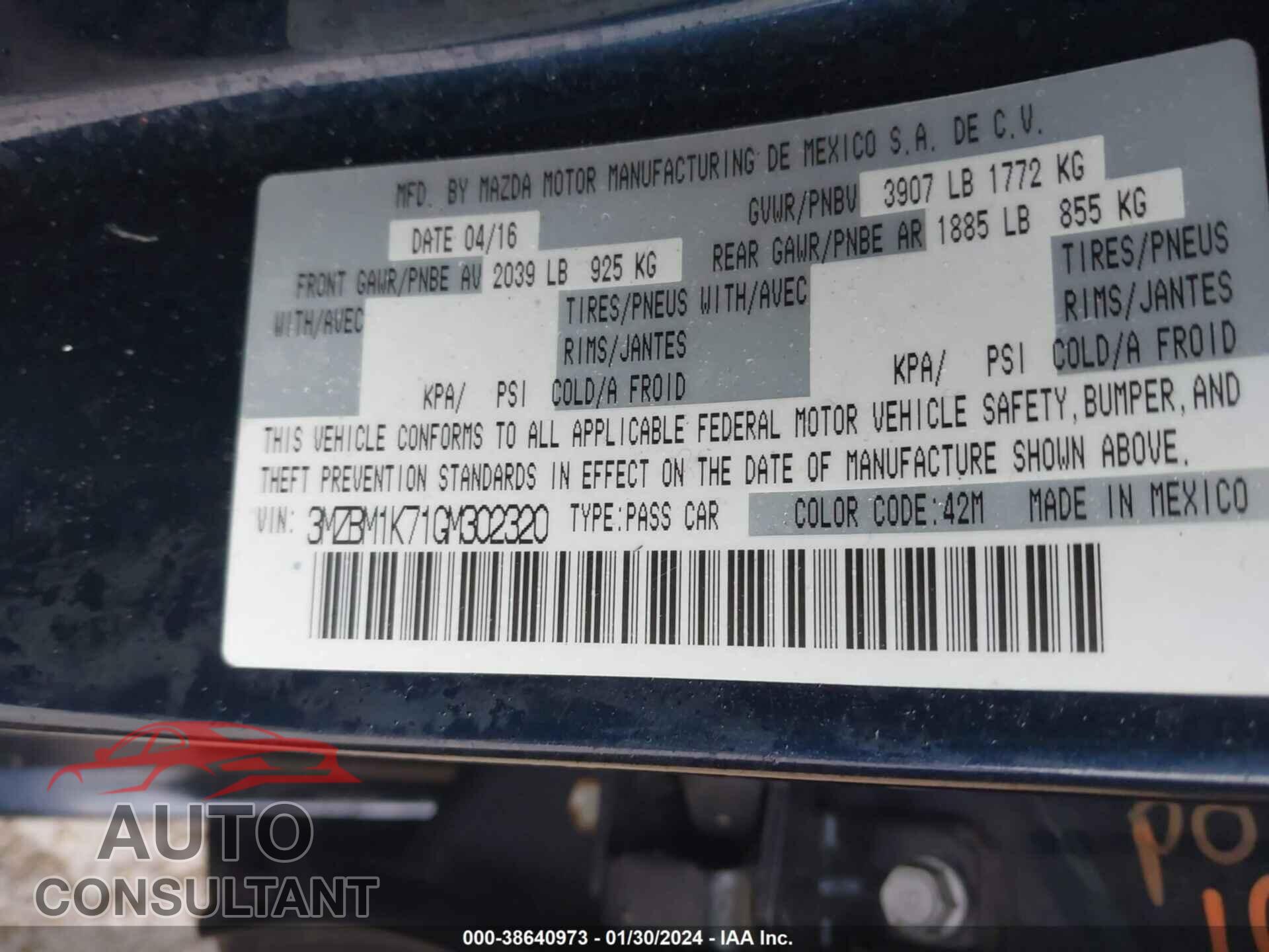 MAZDA MAZDA3 2016 - 3MZBM1K71GM302320