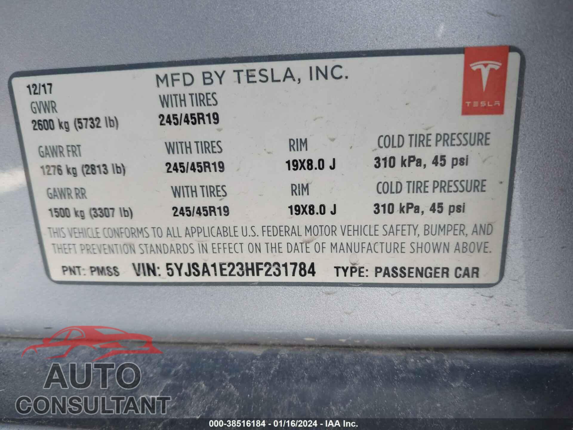 TESLA MODEL S 2017 - 5YJSA1E23HF231784
