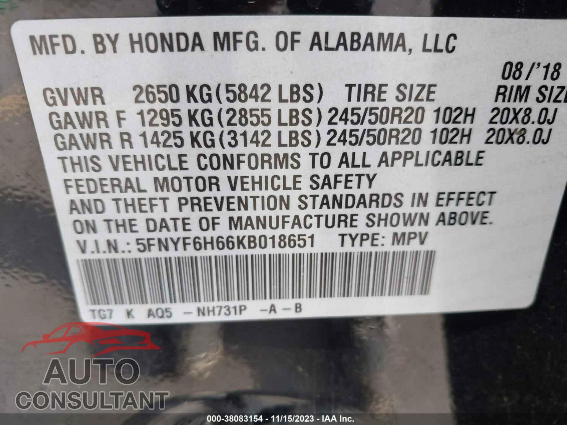 HONDA PILOT 2019 - 5FNYF6H66KB018651