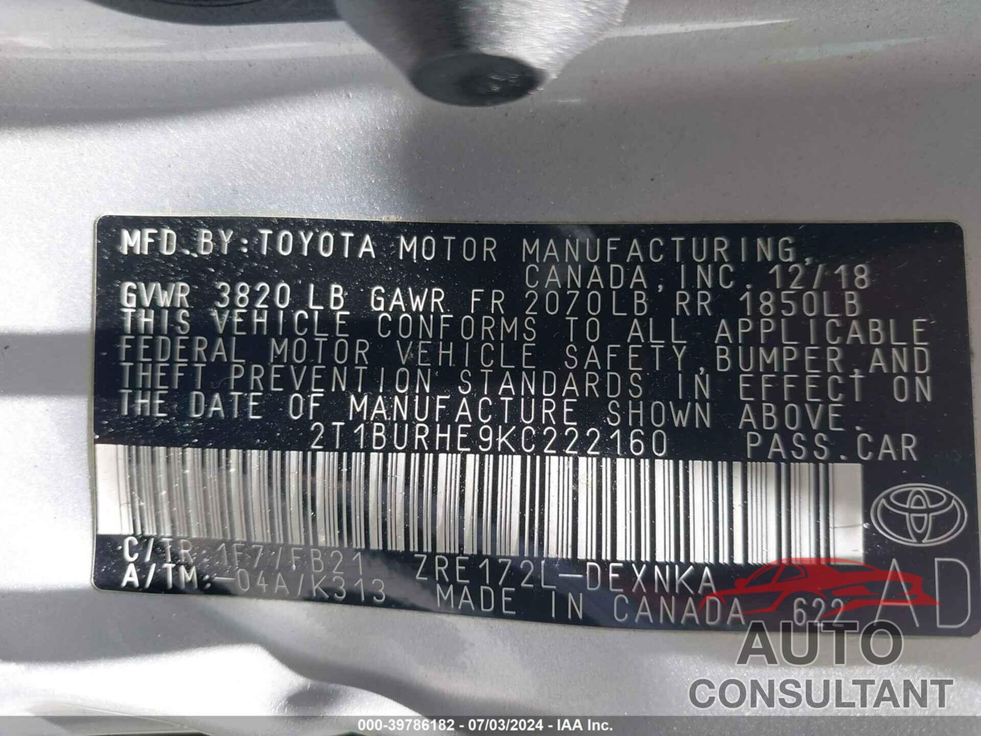TOYOTA COROLLA 2019 - 2T1BURHE9KC222160