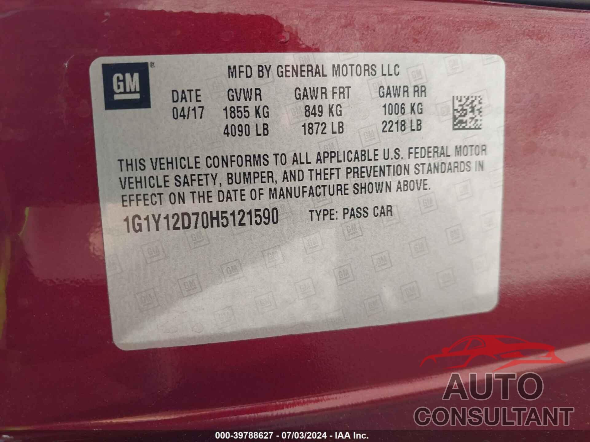 CHEVROLET CORVETTE 2017 - 1G1Y12D70H5121590