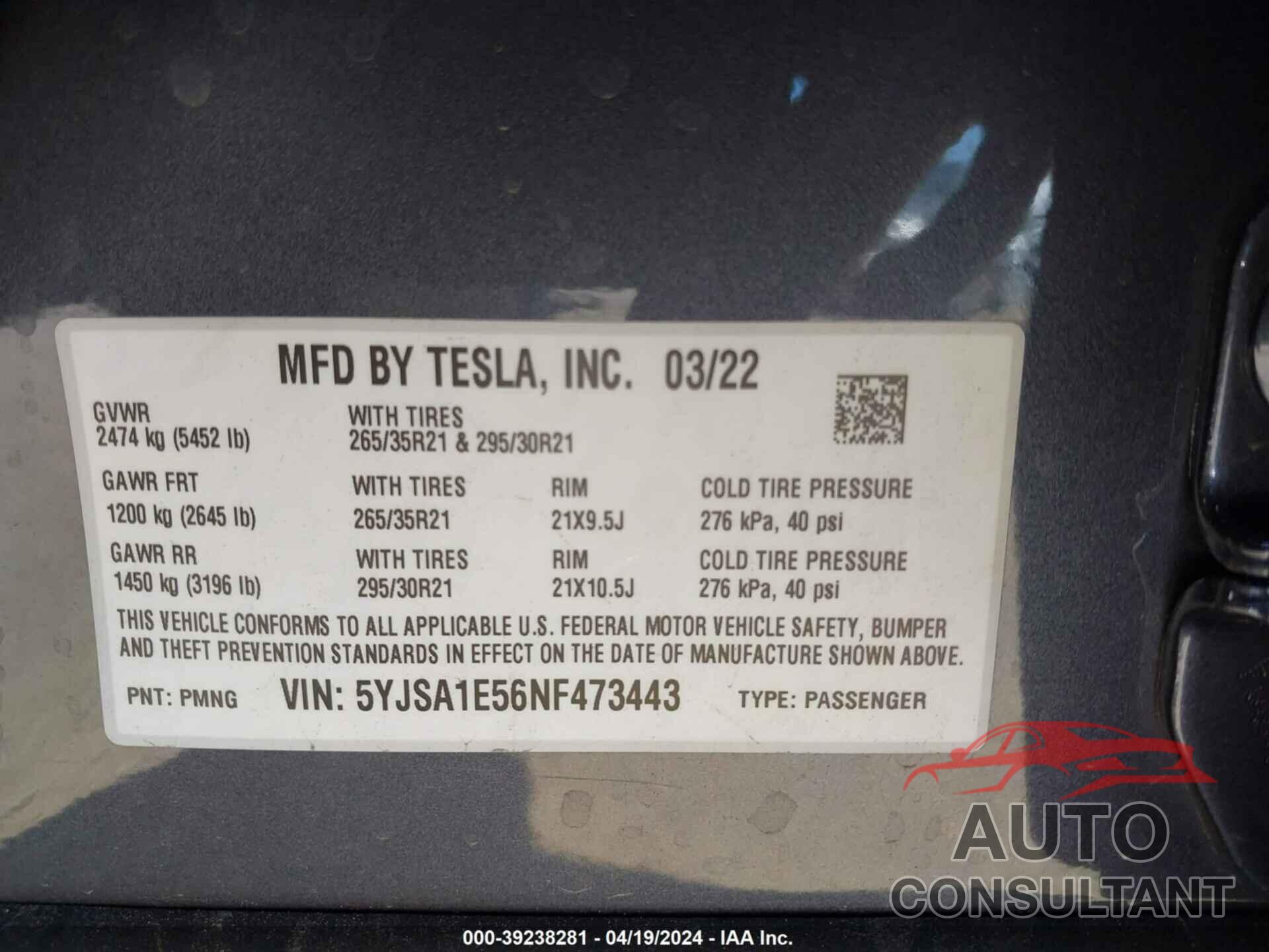 TESLA MODEL S 2022 - 5YJSA1E56NF473443