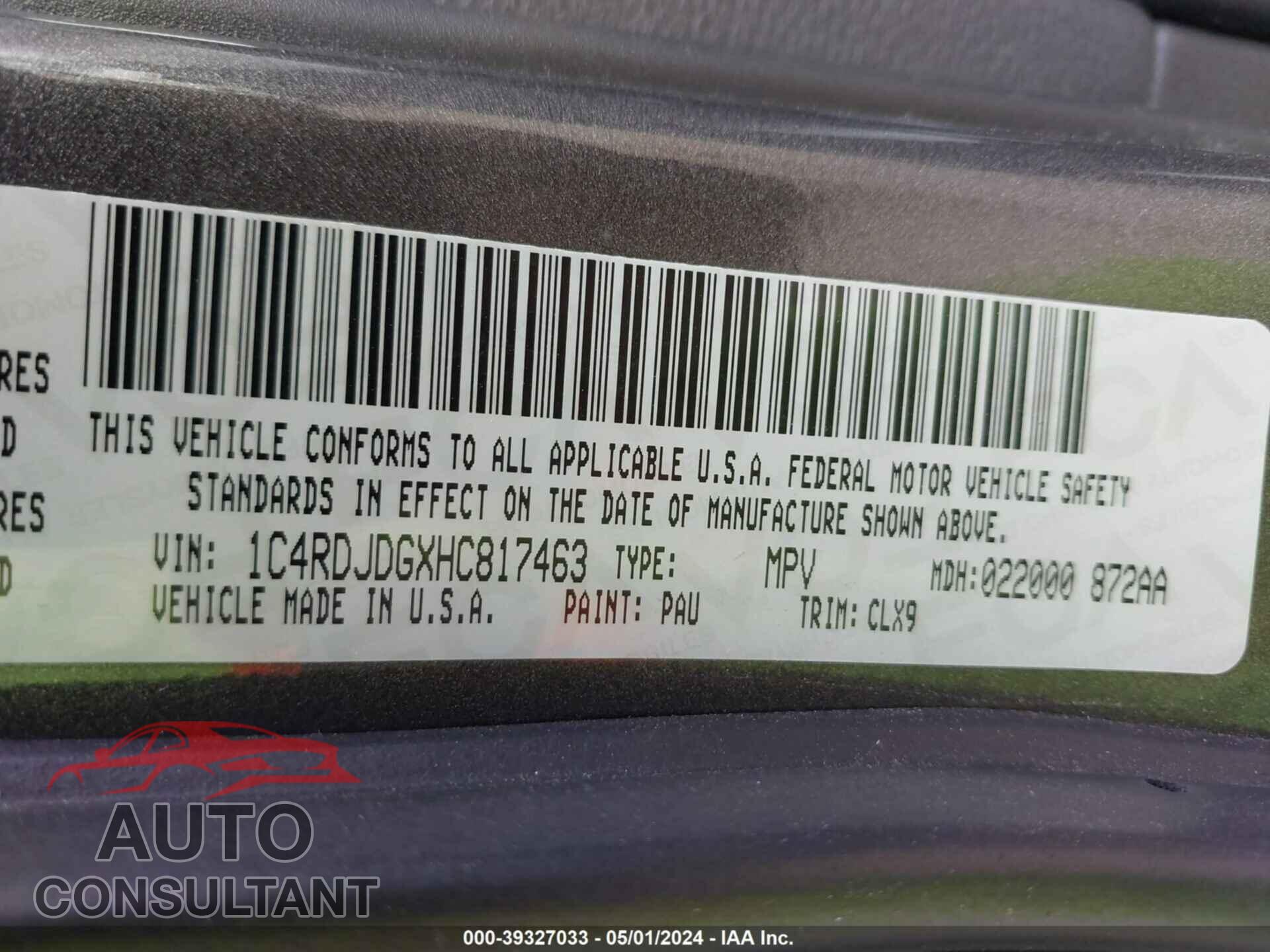 DODGE DURANGO 2017 - 1C4RDJDGXHC817463
