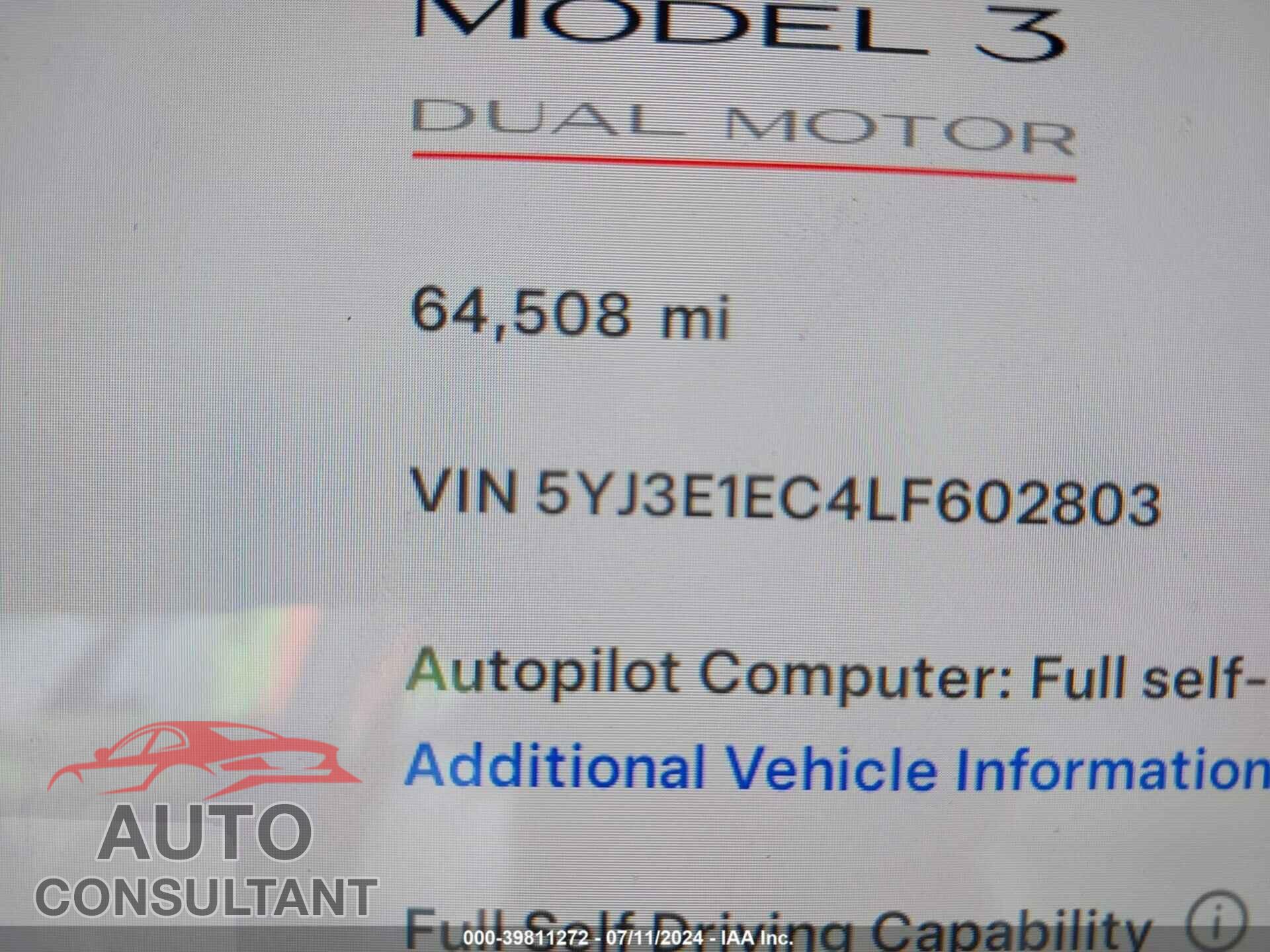 TESLA MODEL 3 2020 - 5YJ3E1EC4LF602803