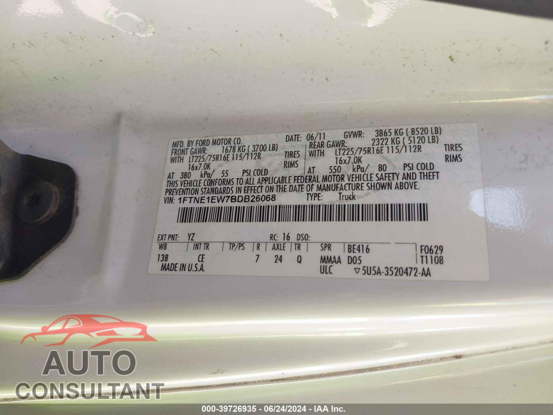 FORD E-150 2011 - 1FTNE1EW7BDB26068