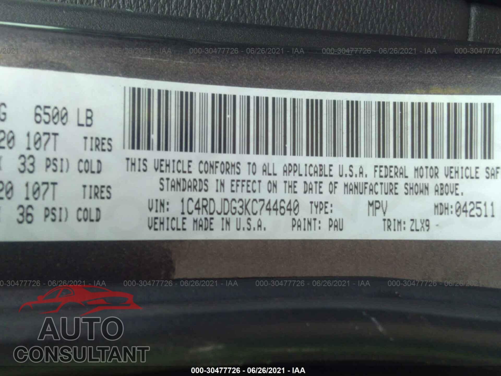 DODGE DURANGO 2019 - 1C4RDJDG3KC744640