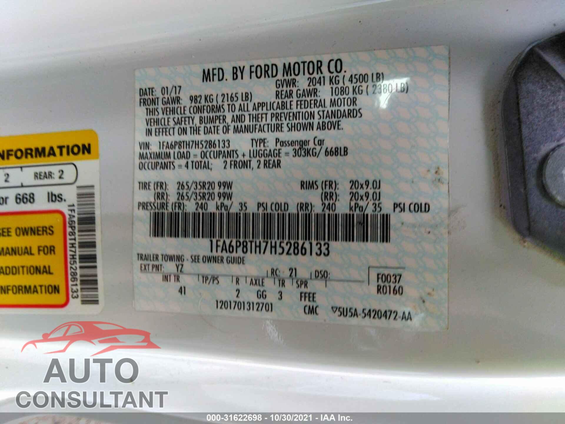 FORD MUSTANG 2017 - 1FA6P8TH7H5286133