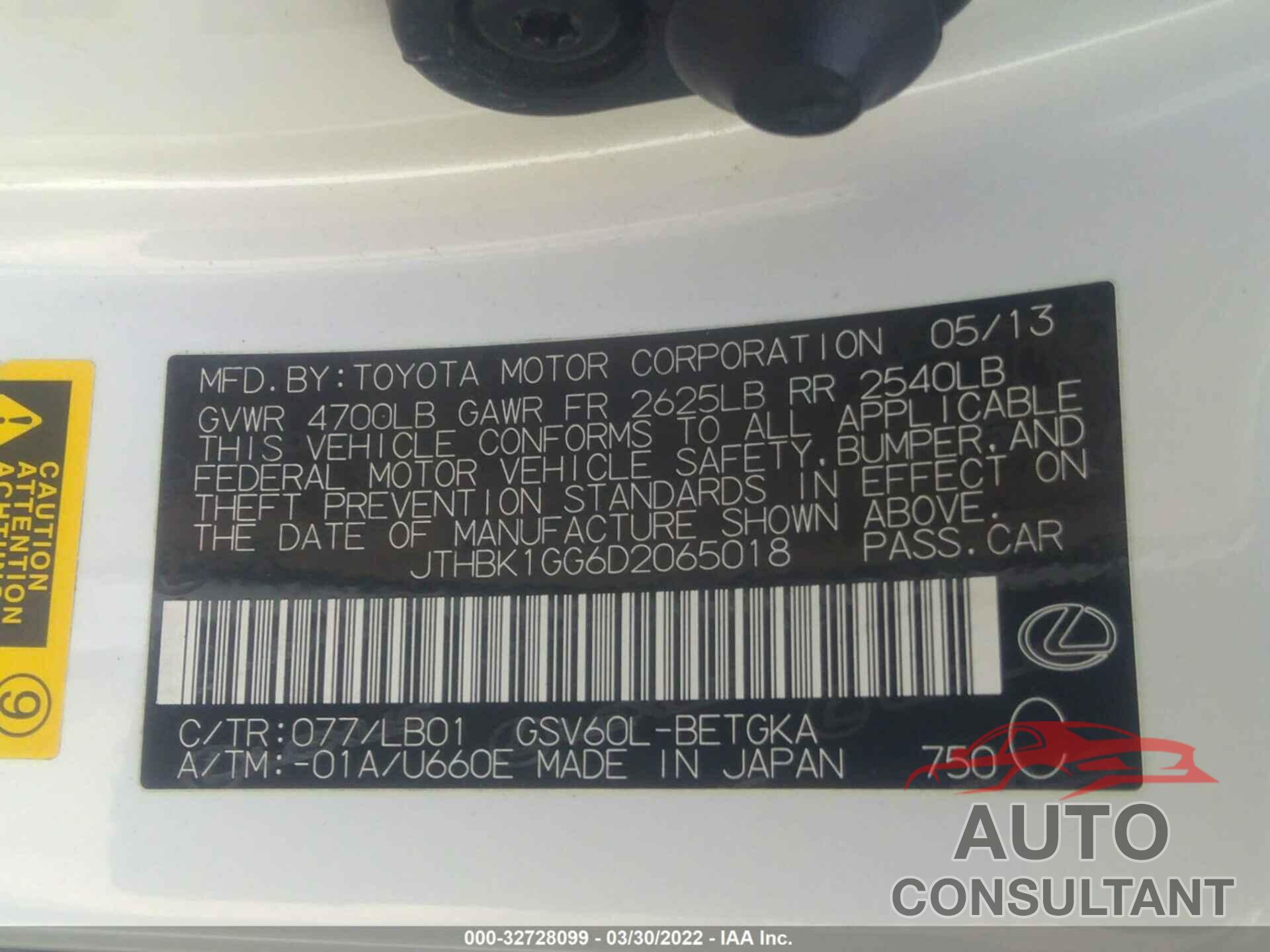 LEXUS ES 350 2013 - JTHBK1GG6D2065018