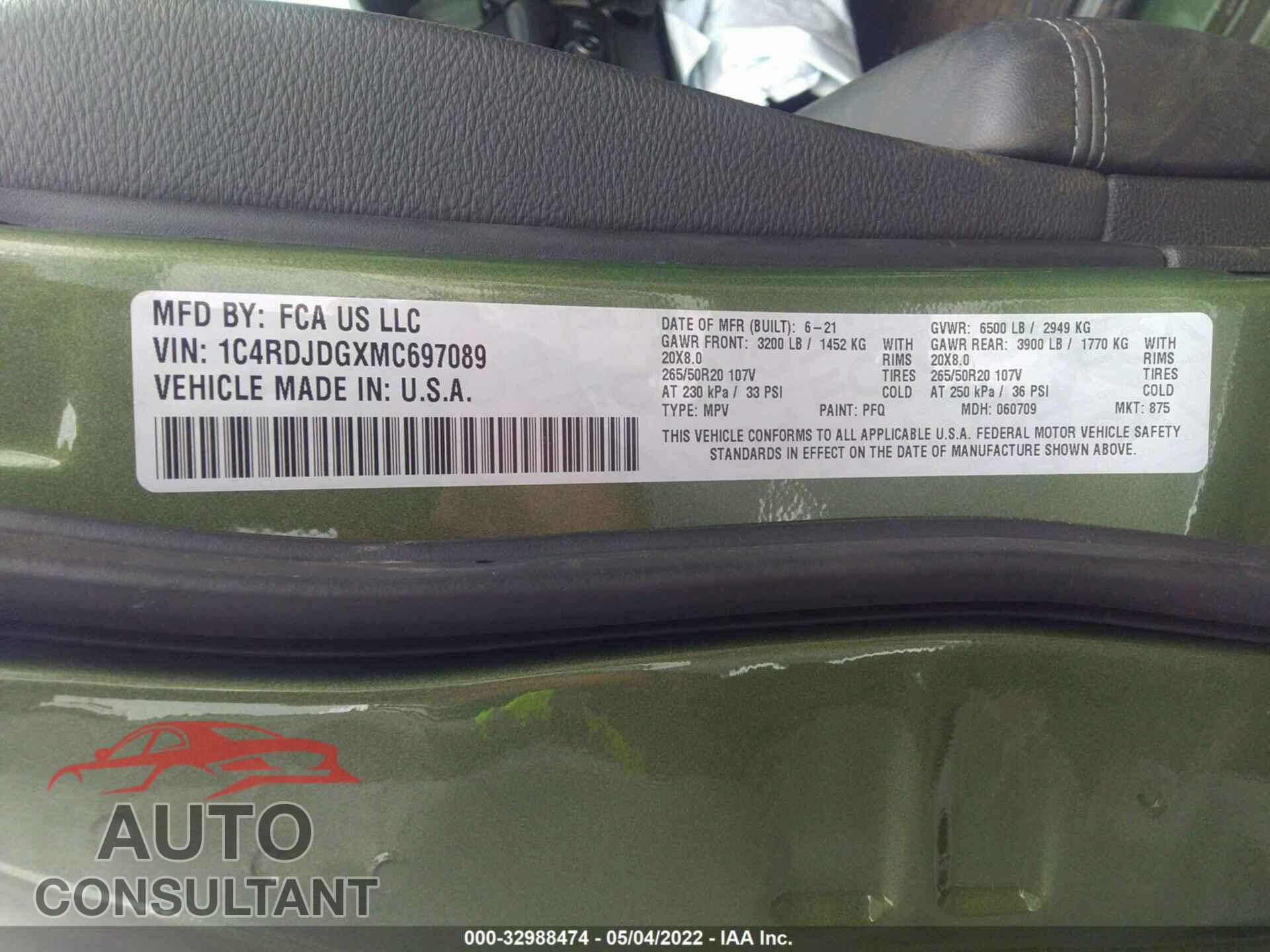 DODGE DURANGO 2021 - 1C4RDJDGXMC697089