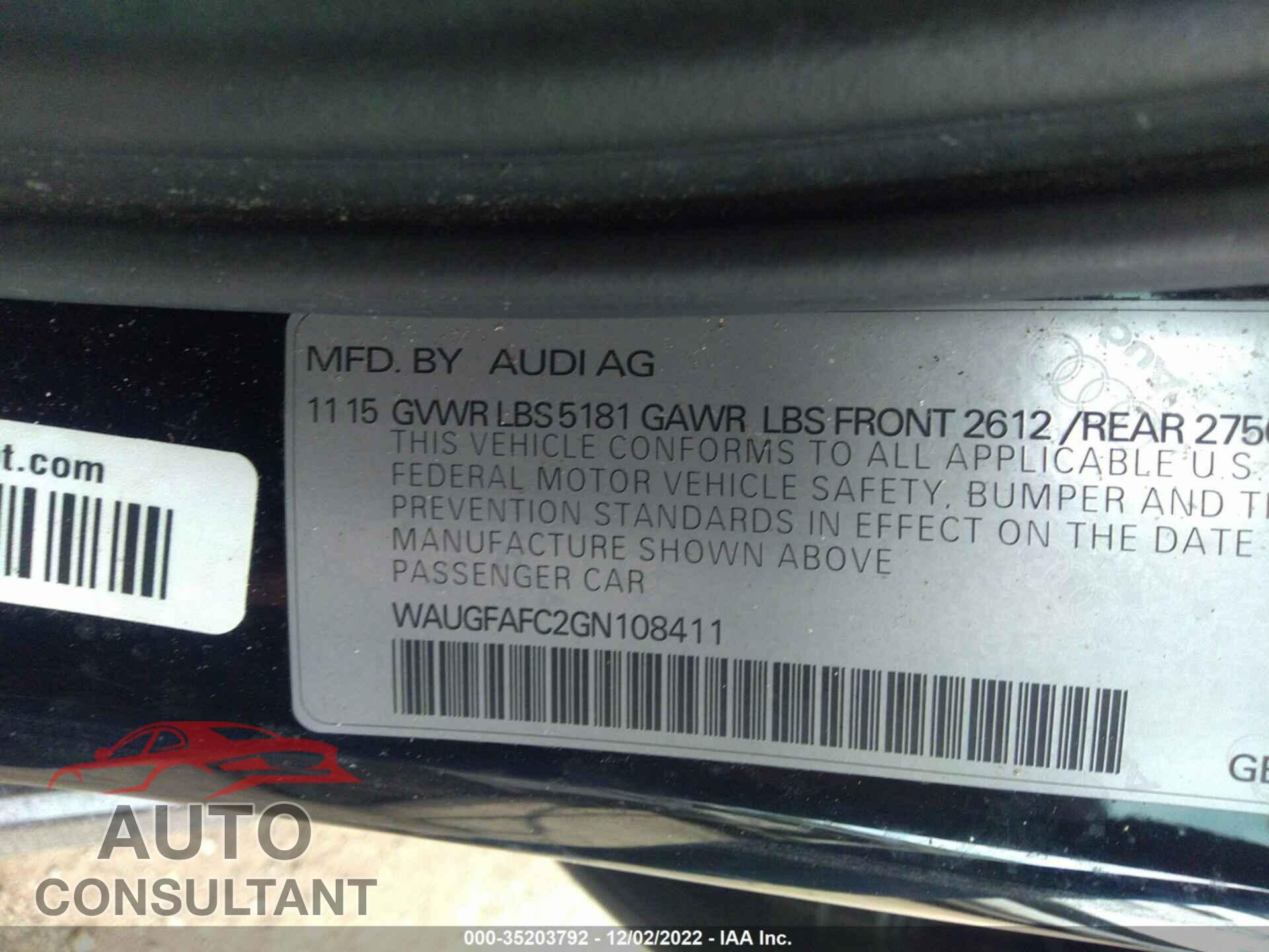 AUDI A6 2016 - WAUGFAFC2GN108411