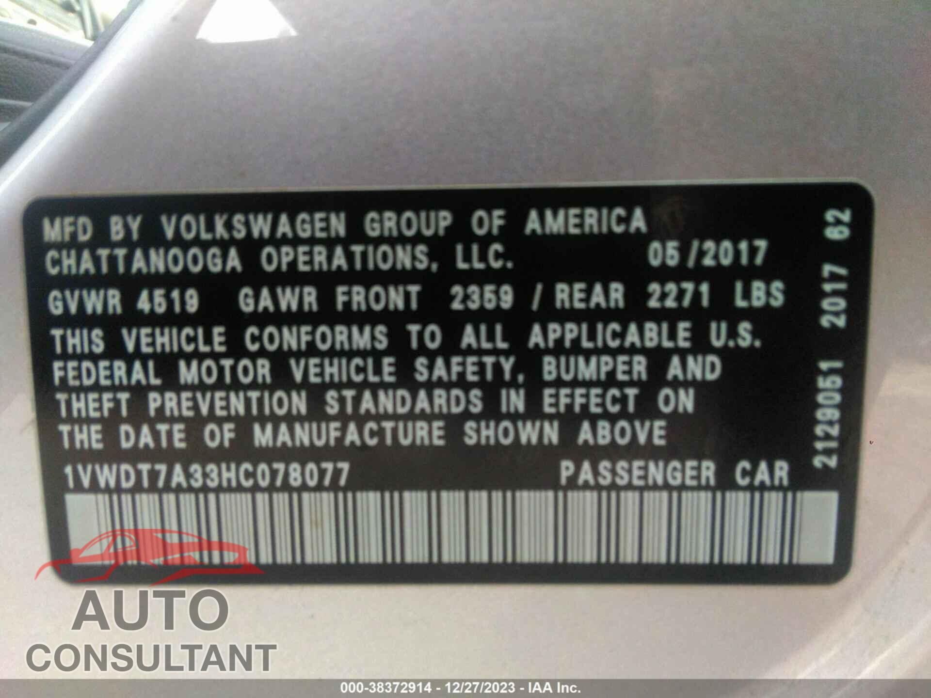 VOLKSWAGEN PASSAT 2017 - 1VWDT7A33HC078077