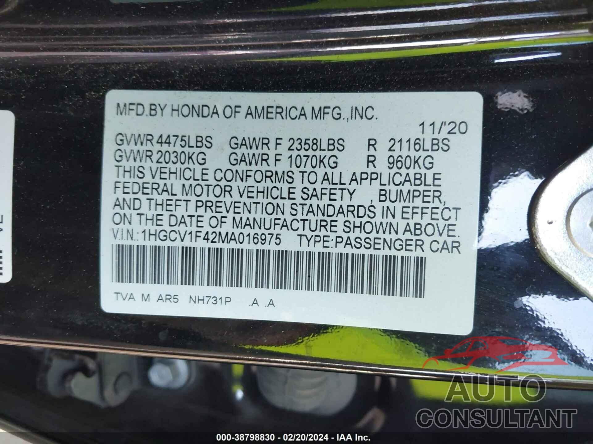 HONDA ACCORD 2021 - 1HGCV1F42MA016975