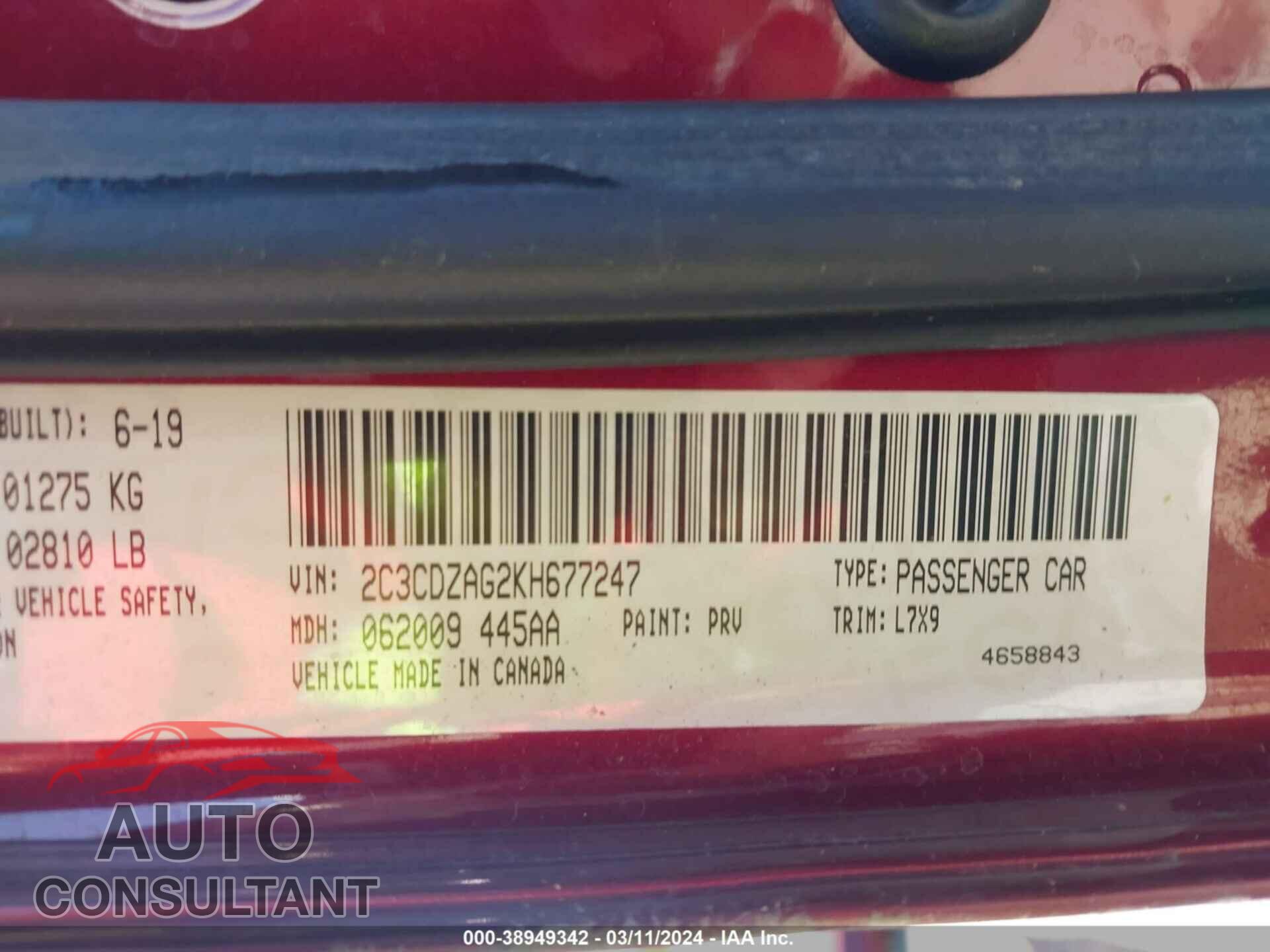 DODGE CHALLENGER 2019 - 2C3CDZAG2KH677247