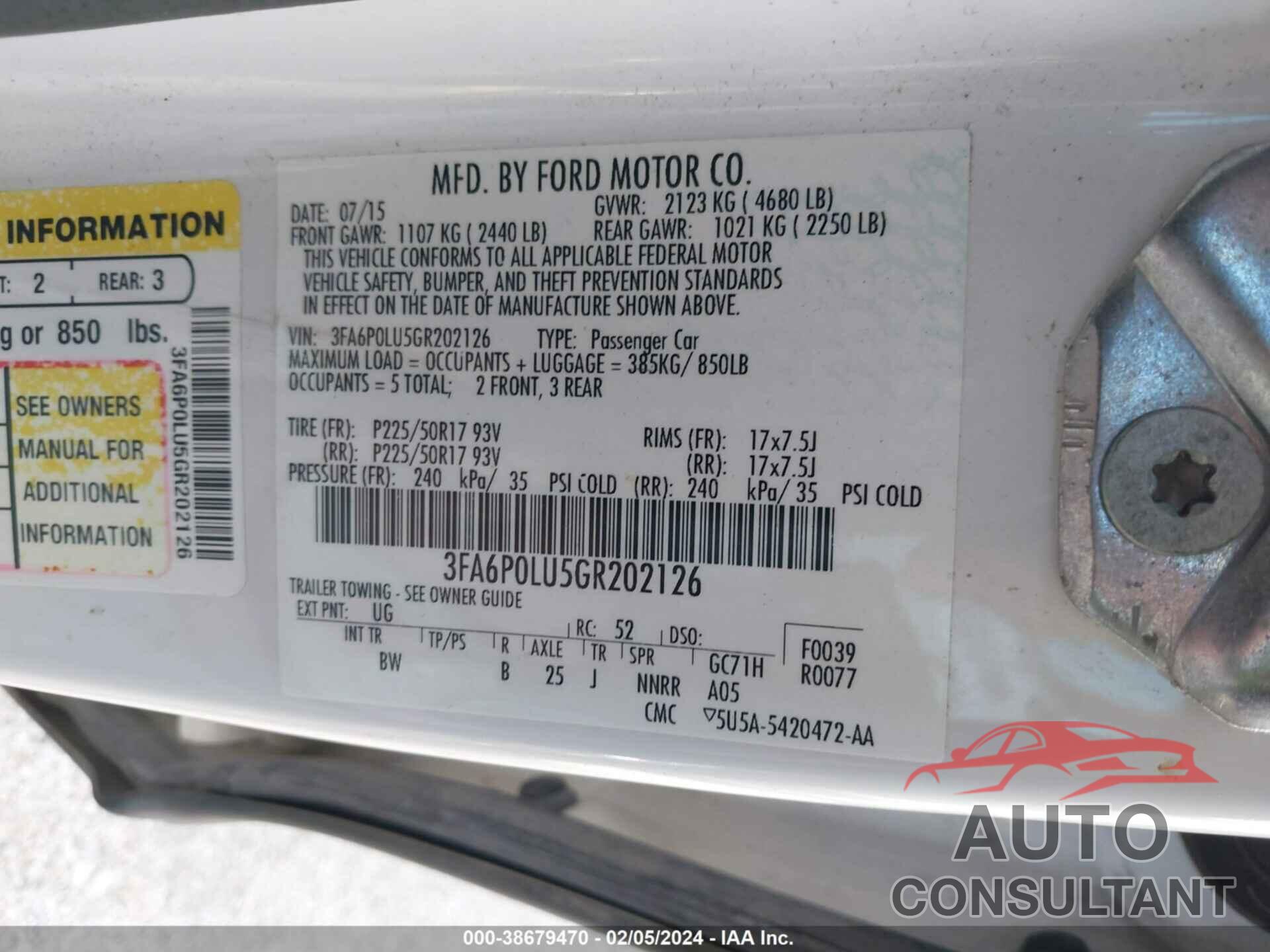 FORD FUSION HYBRID 2016 - 3FA6P0LU5GR202126