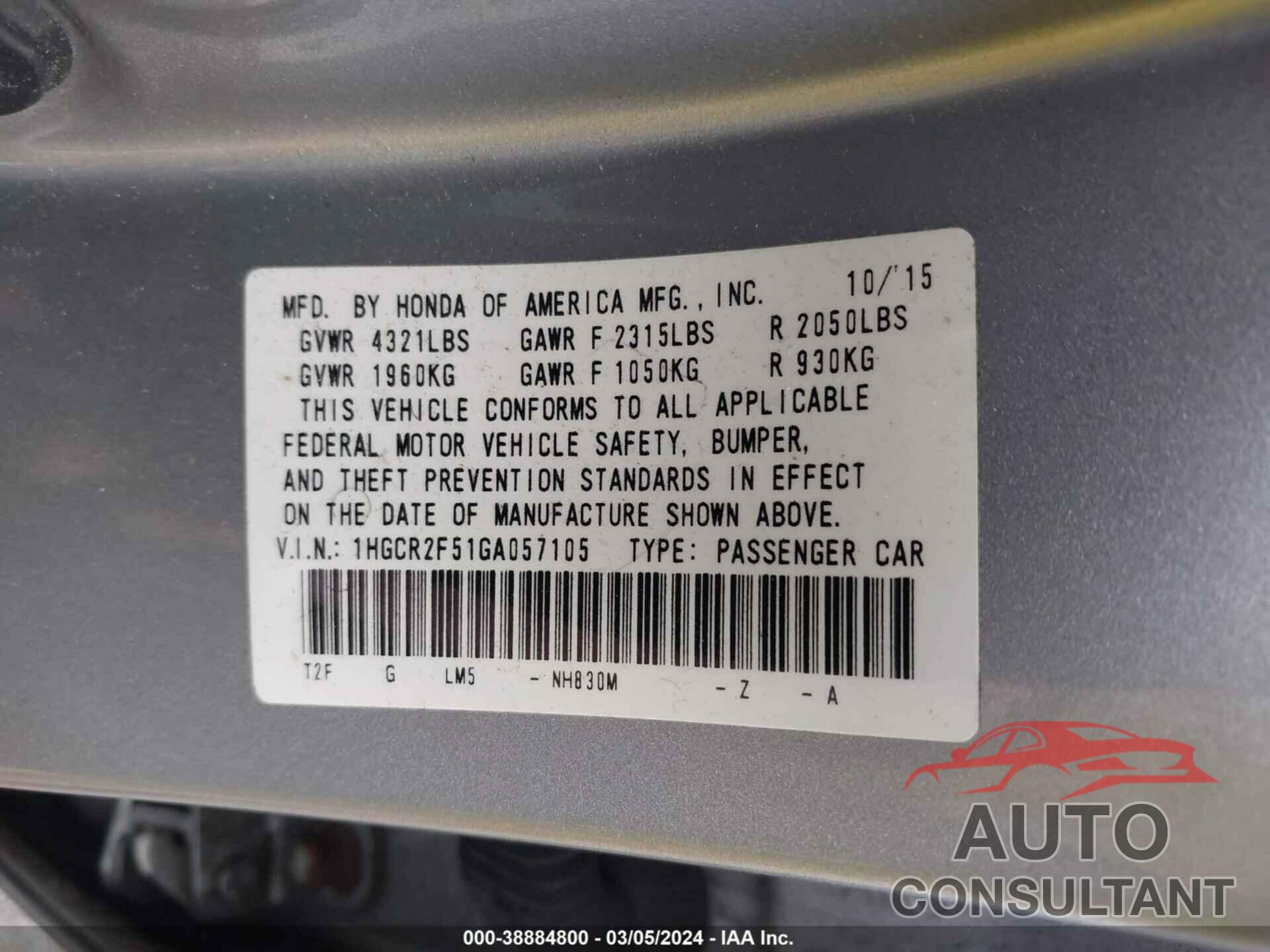 HONDA ACCORD 2016 - 1HGCR2F51GA057105