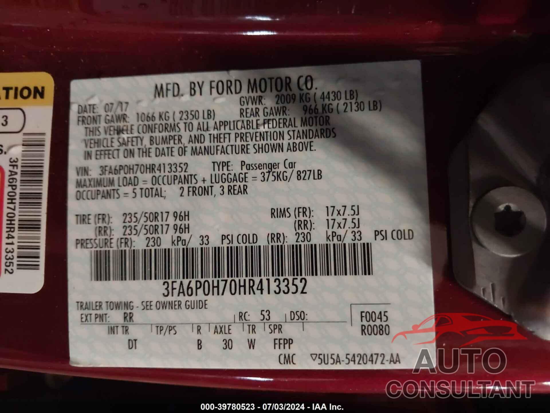 FORD FUSION 2017 - 3FA6P0H70HR413352