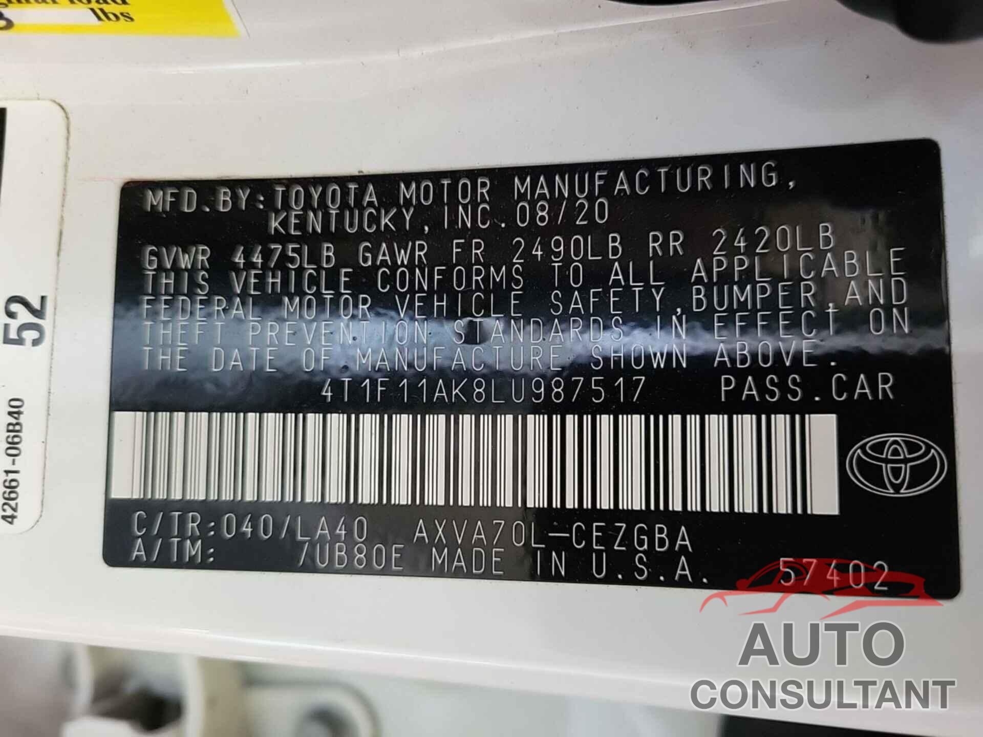 TOYOTA CAMRY 2020 - 4T1F11AK8LU987517
