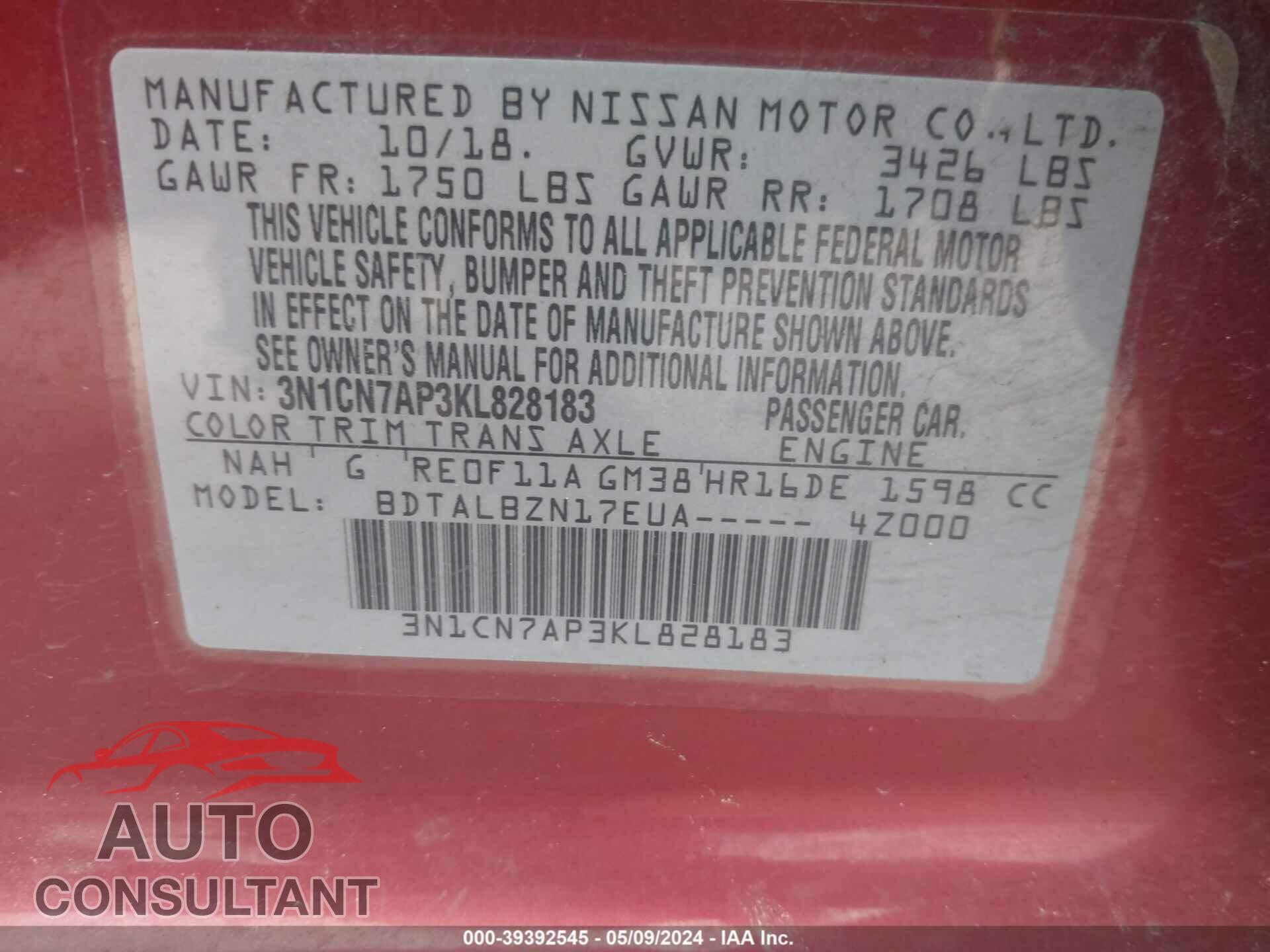 NISSAN VERSA 2019 - 3N1CN7AP3KL828183