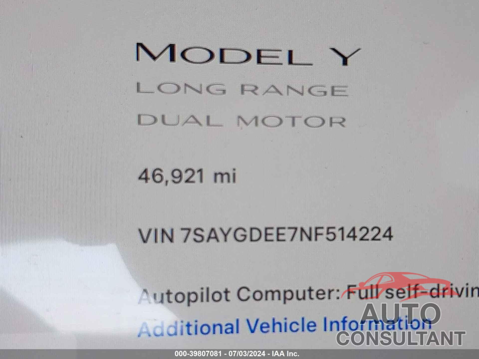 TESLA MODEL Y 2022 - 7SAYGDEE7NF514224