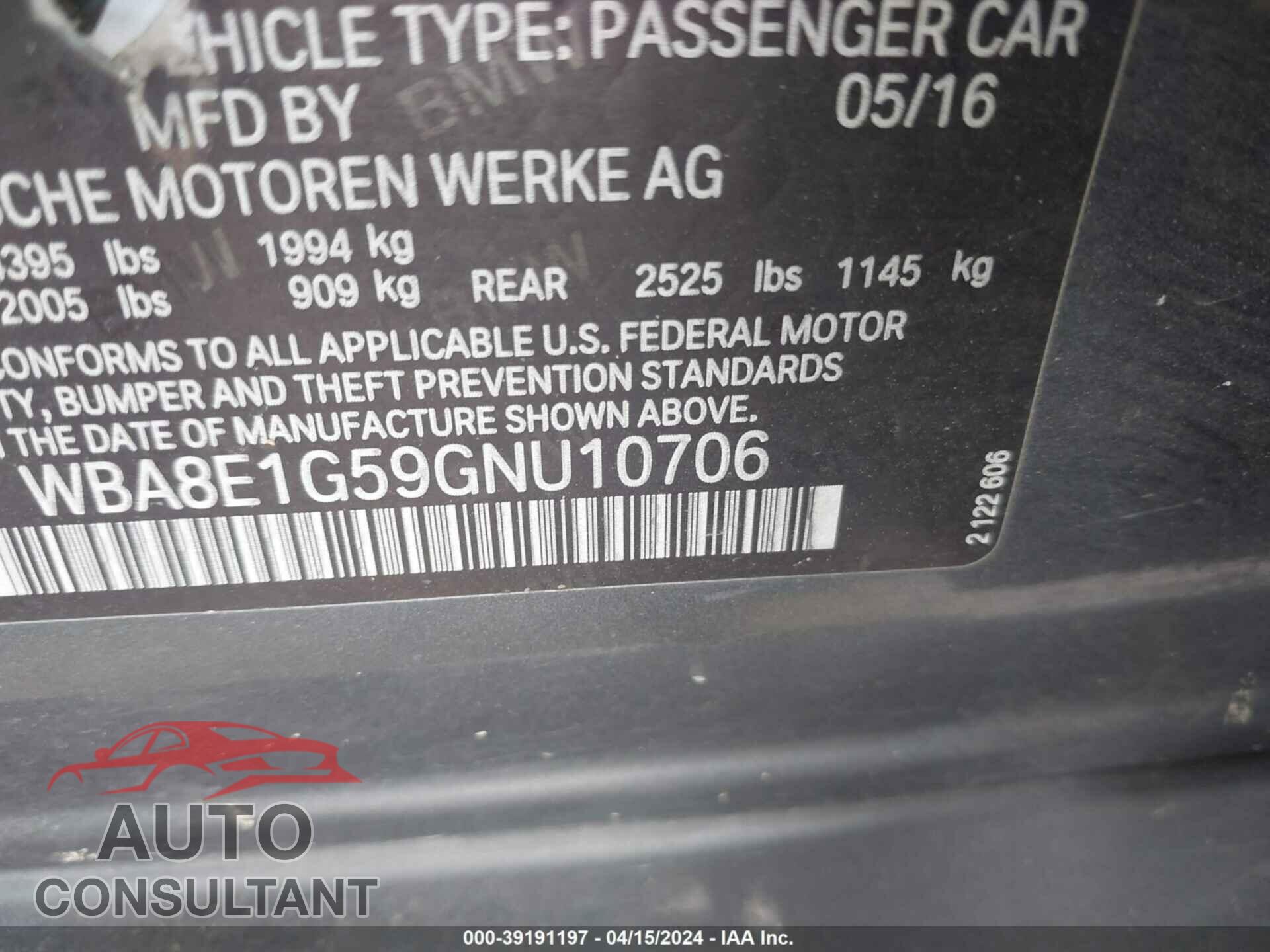 BMW 320 2016 - WBA8E1G59GNU10706