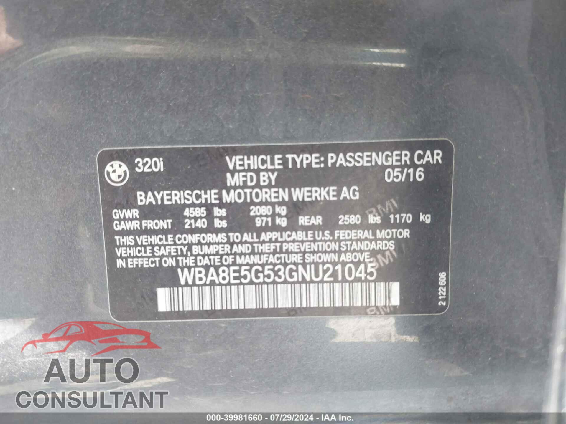 BMW 320I 2016 - WBA8E5G53GNU21045