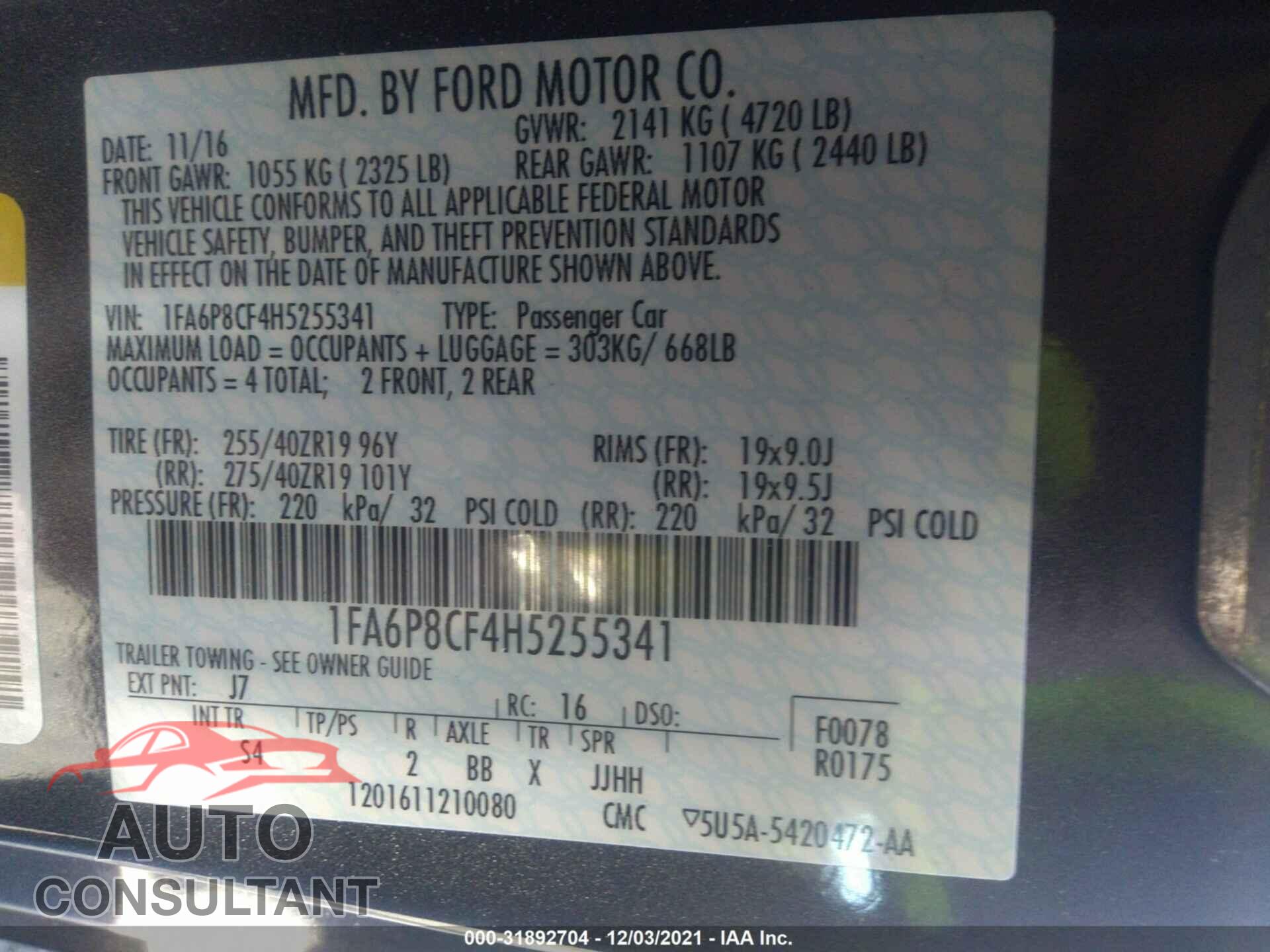 FORD MUSTANG 2017 - 1FA6P8CF4H5255341