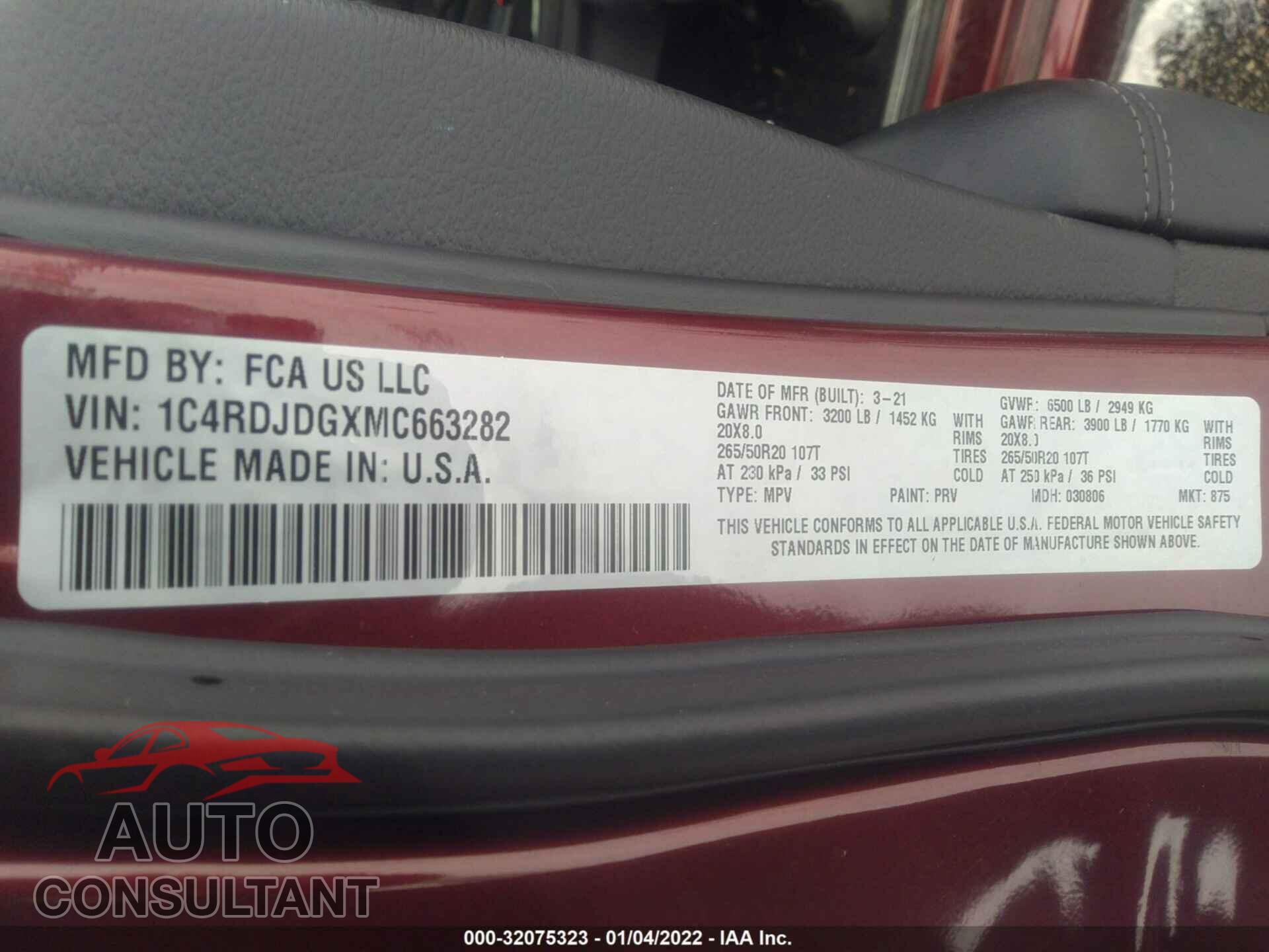 DODGE DURANGO 2021 - 1C4RDJDGXMC663282