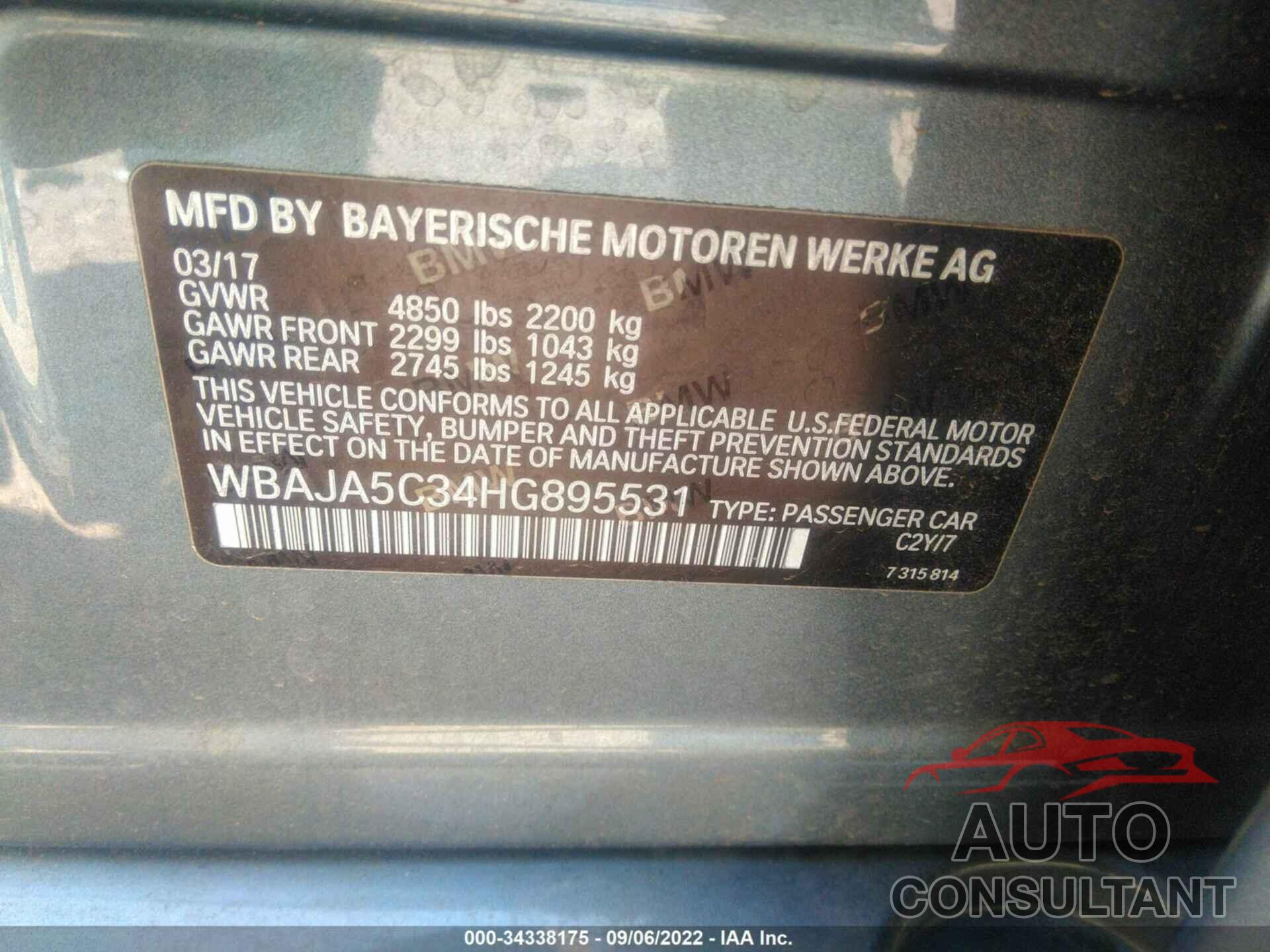BMW 5 SERIES 2017 - WBAJA5C34HG895531
