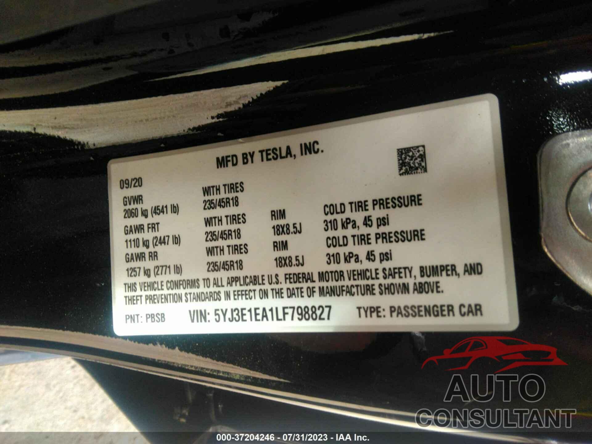 TESLA MODEL 3 2020 - 5YJ3E1EA1LF798827