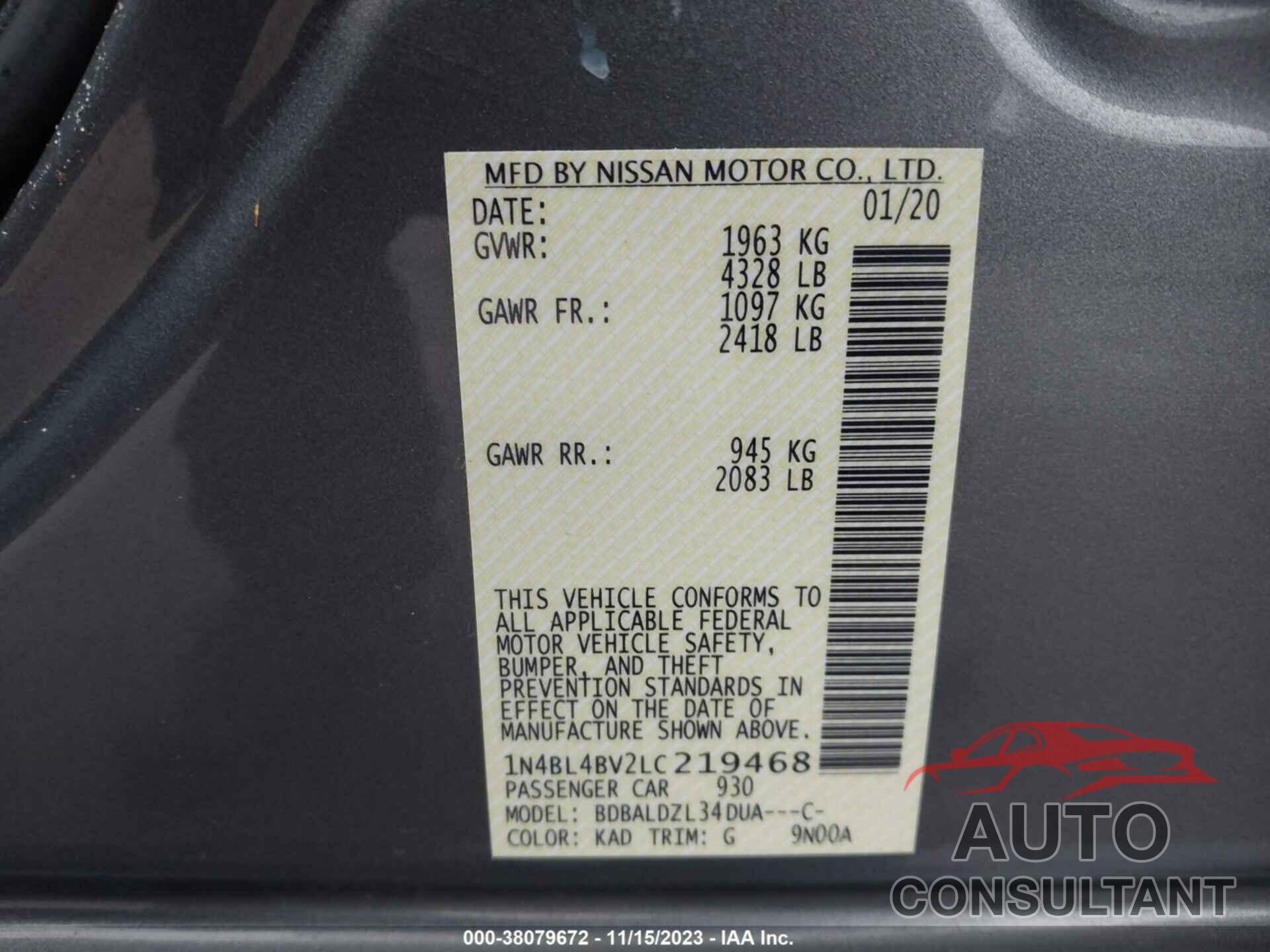 NISSAN ALTIMA 2020 - 1N4BL4BV2LC219468