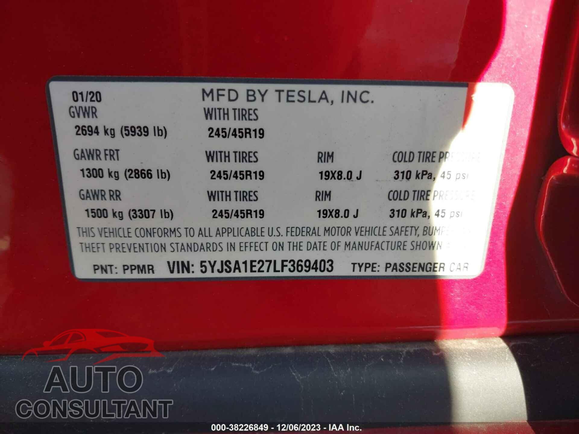 TESLA MODEL S 2020 - 5YJSA1E27LF369403