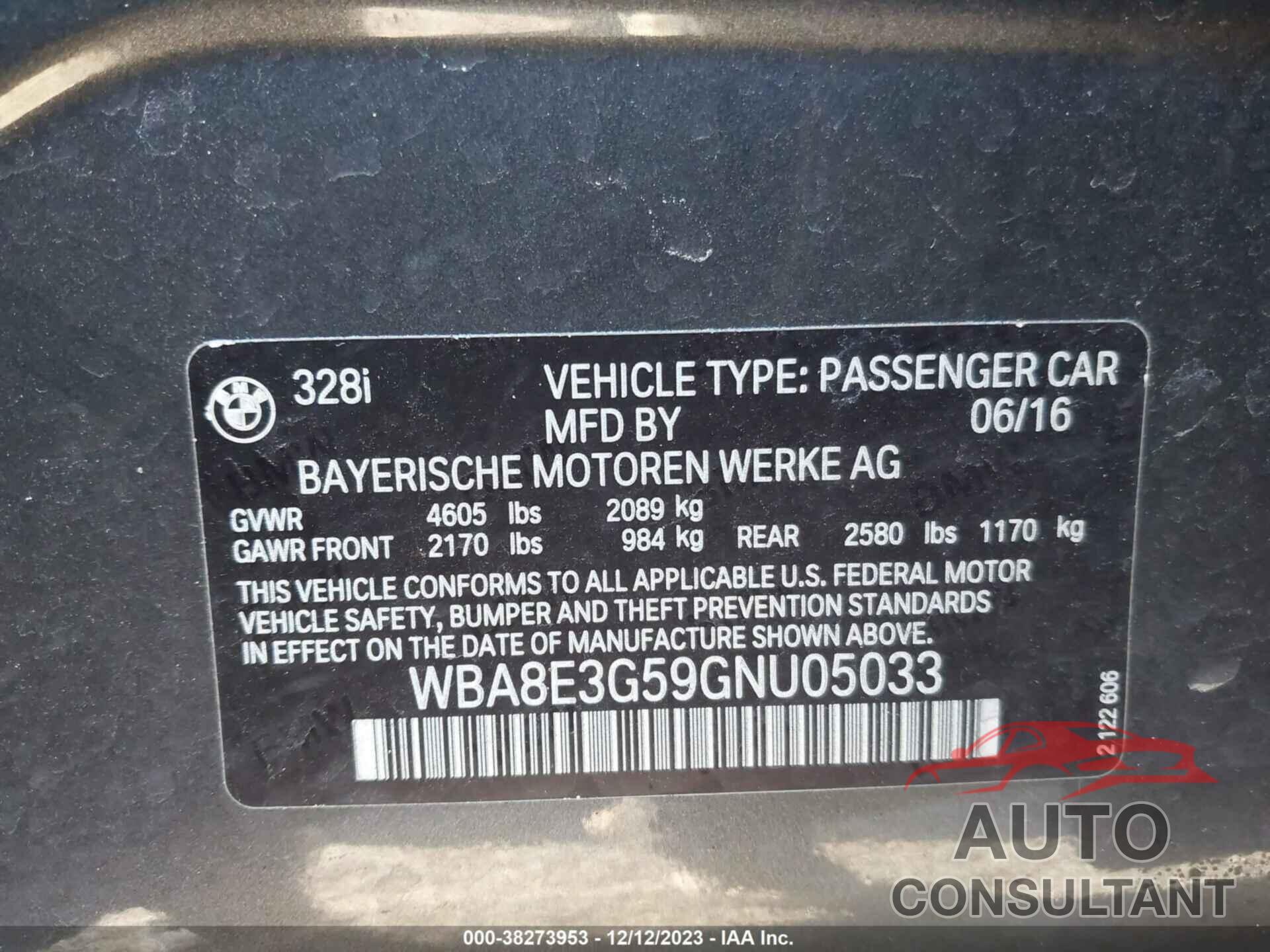 BMW 328I 2016 - WBA8E3G59GNU05033