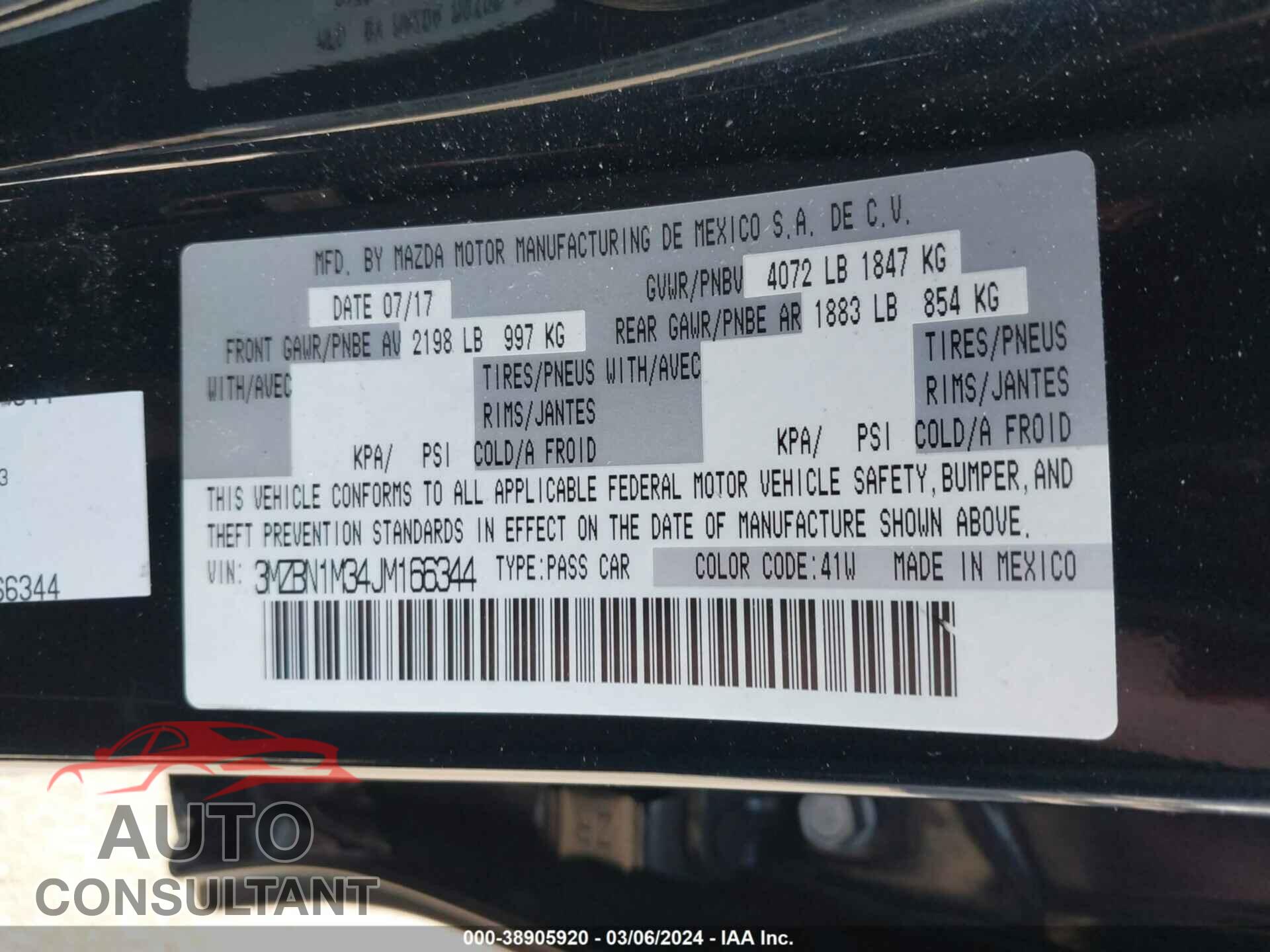 MAZDA 3 2018 - 3MZBN1M34JM166344
