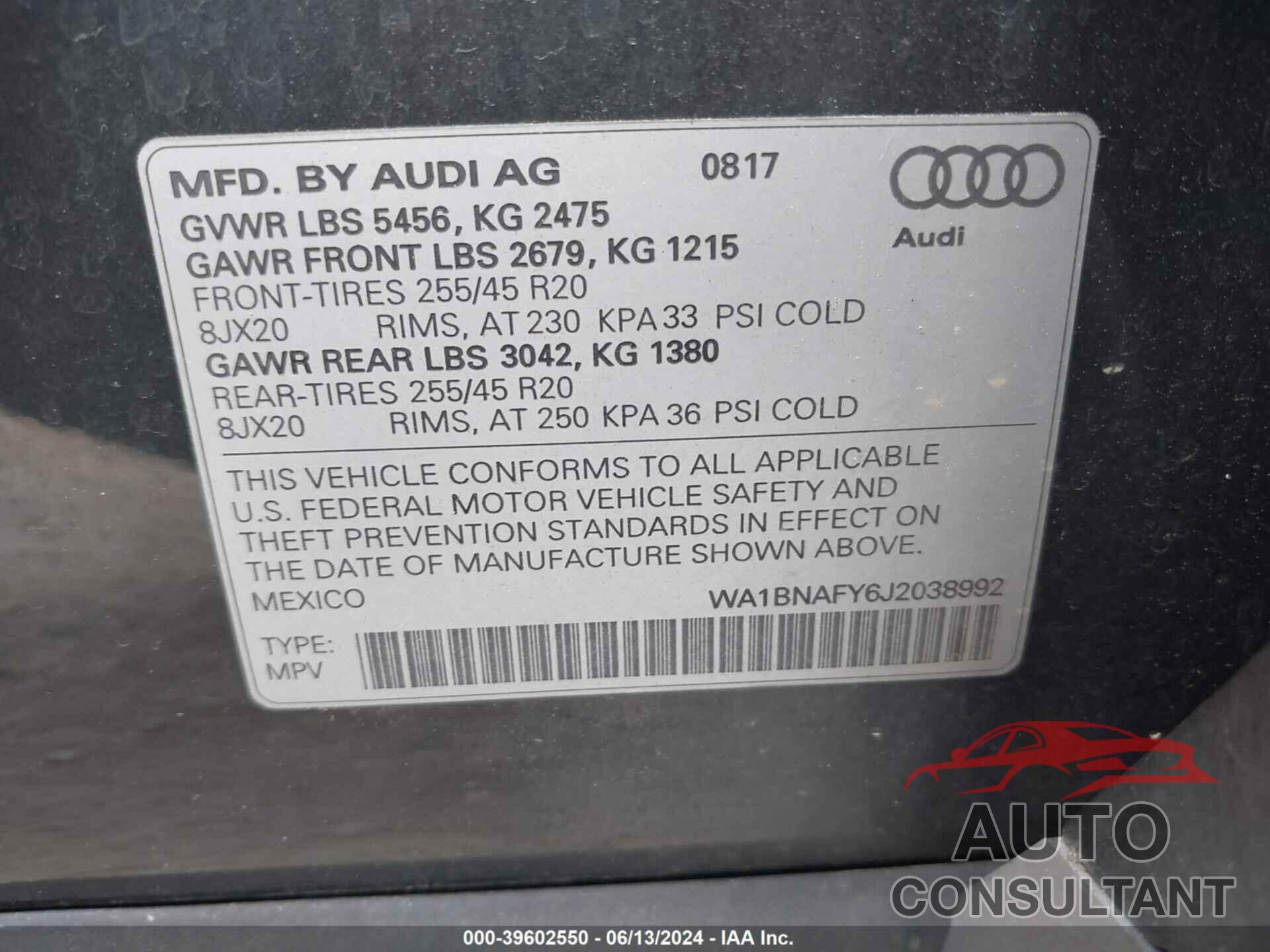 AUDI Q5 2018 - WA1BNAFY6J2038992