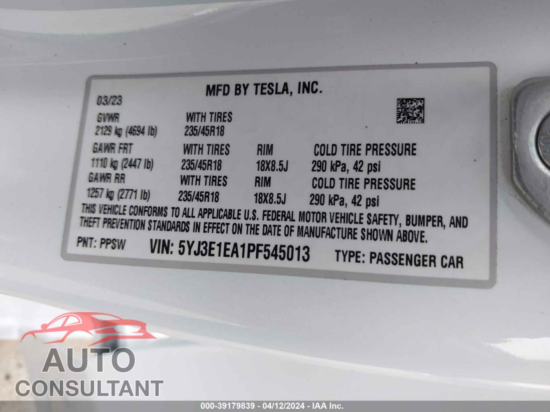 TESLA MODEL 3 2023 - 5YJ3E1EA1PF545013