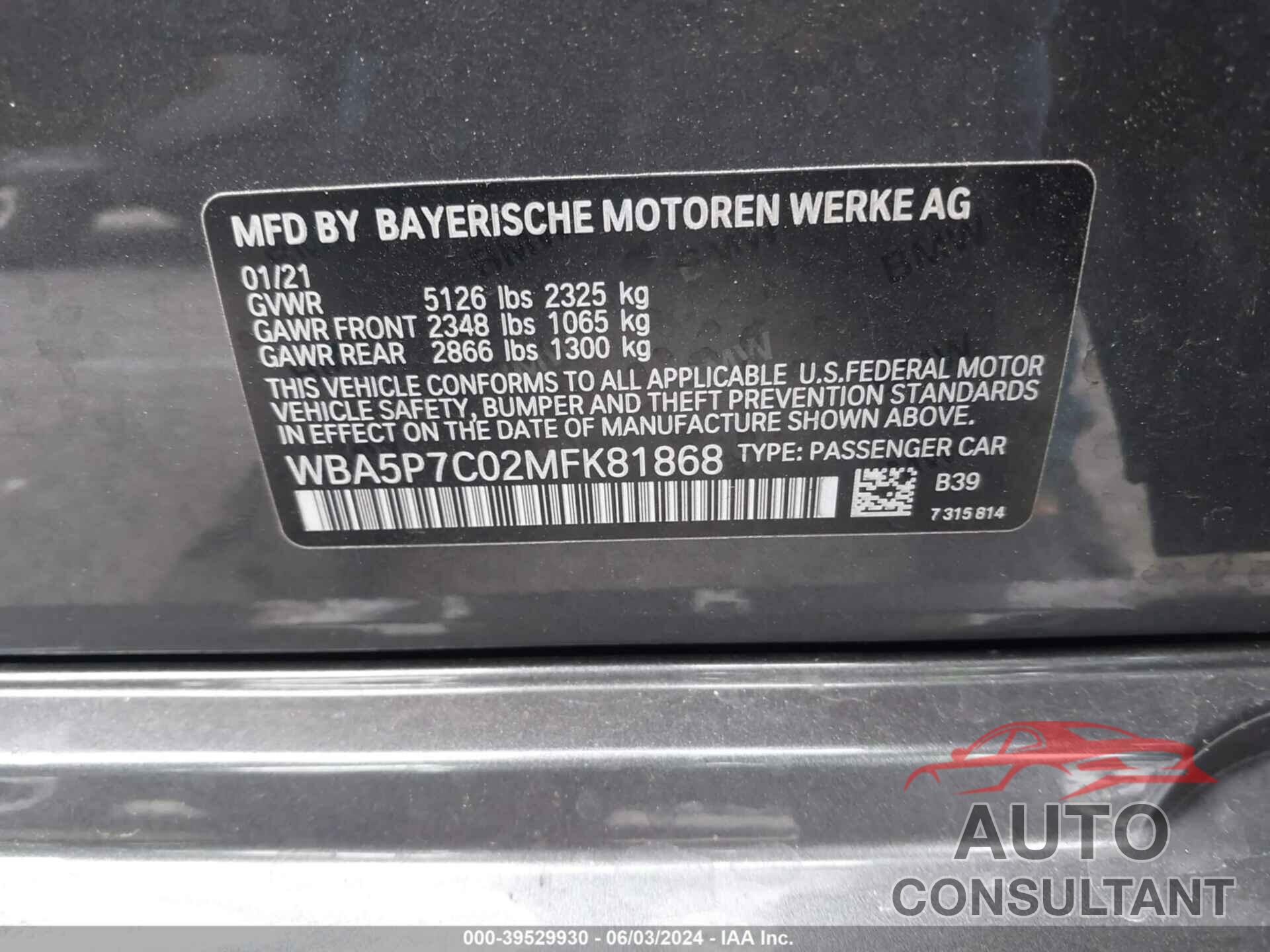 BMW 3 SERIES 2021 - WBA5P7C02MFK81868