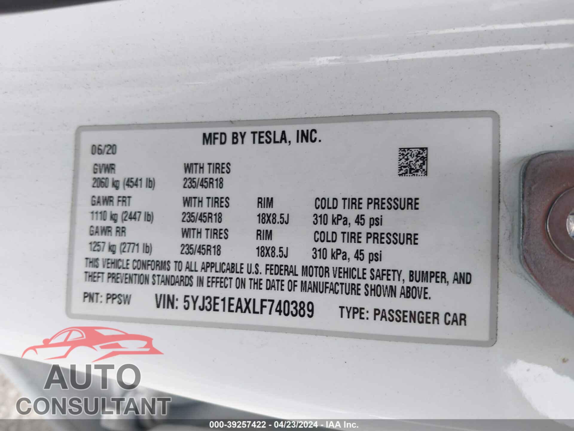 TESLA MODEL 3 2020 - 5YJ3E1EAXLF740389