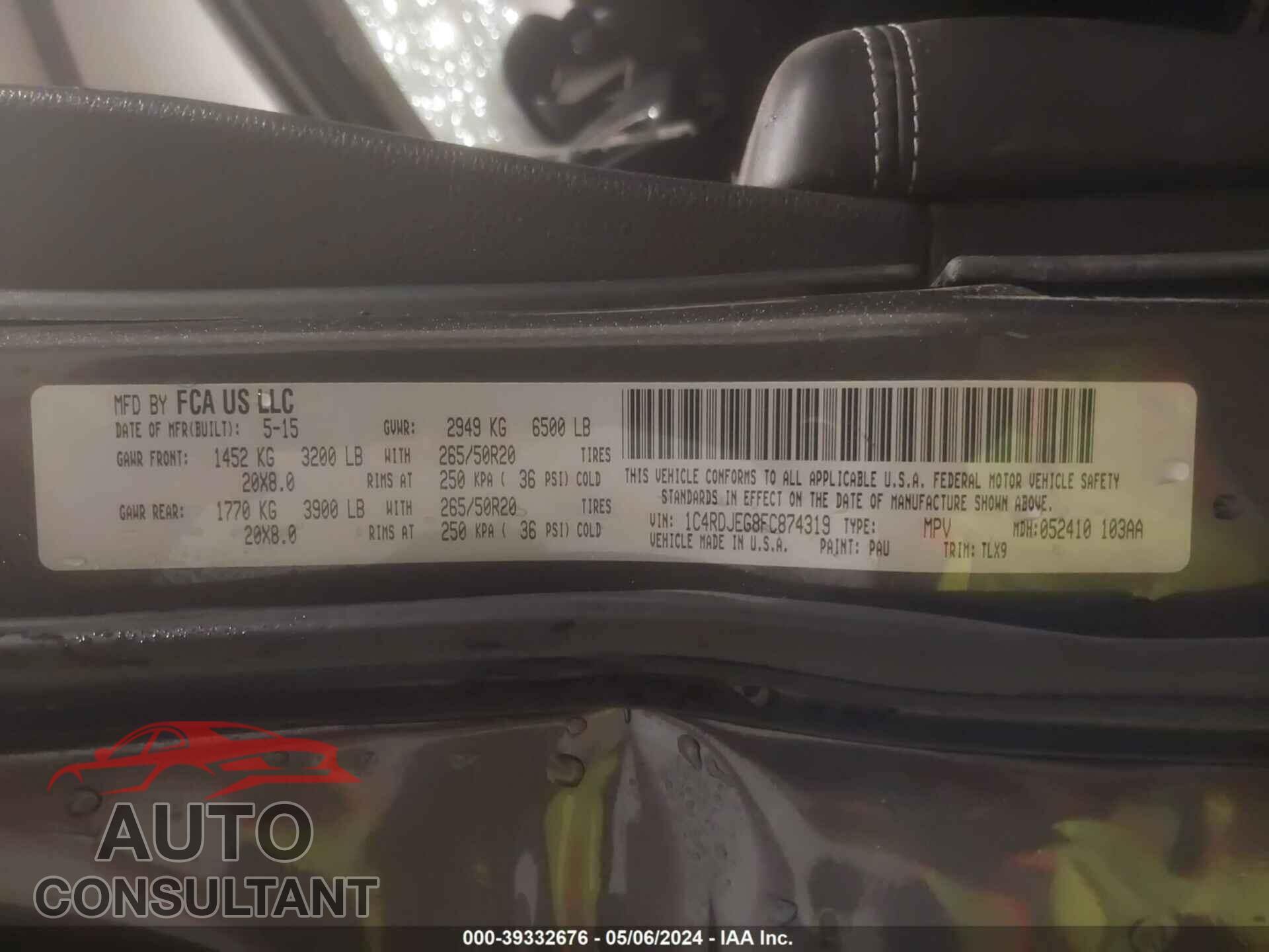 DODGE DURANGO 2015 - 1C4RDJEG8FC874319