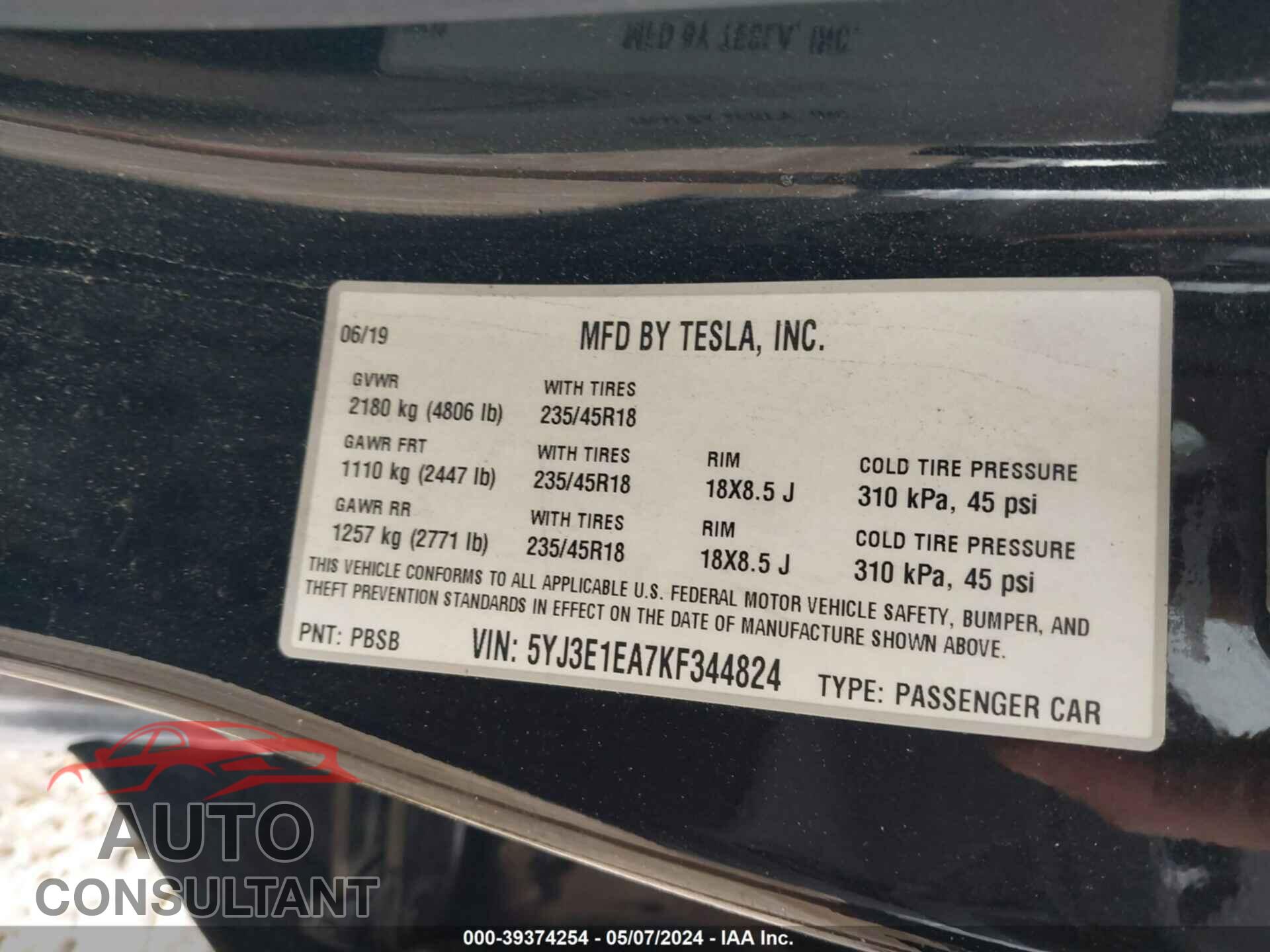 TESLA MODEL 3 2019 - 5YJ3E1EA7KF344824